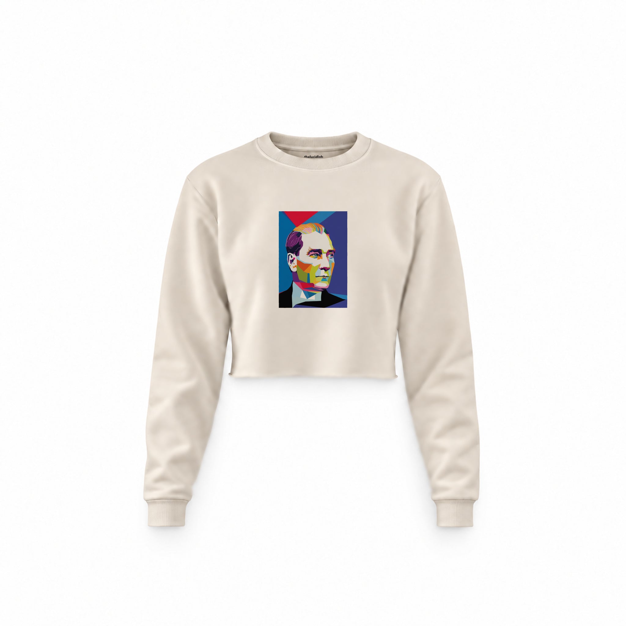 Atatürk Pop Art Crop Sweatshirt — Krem — Ön baskı