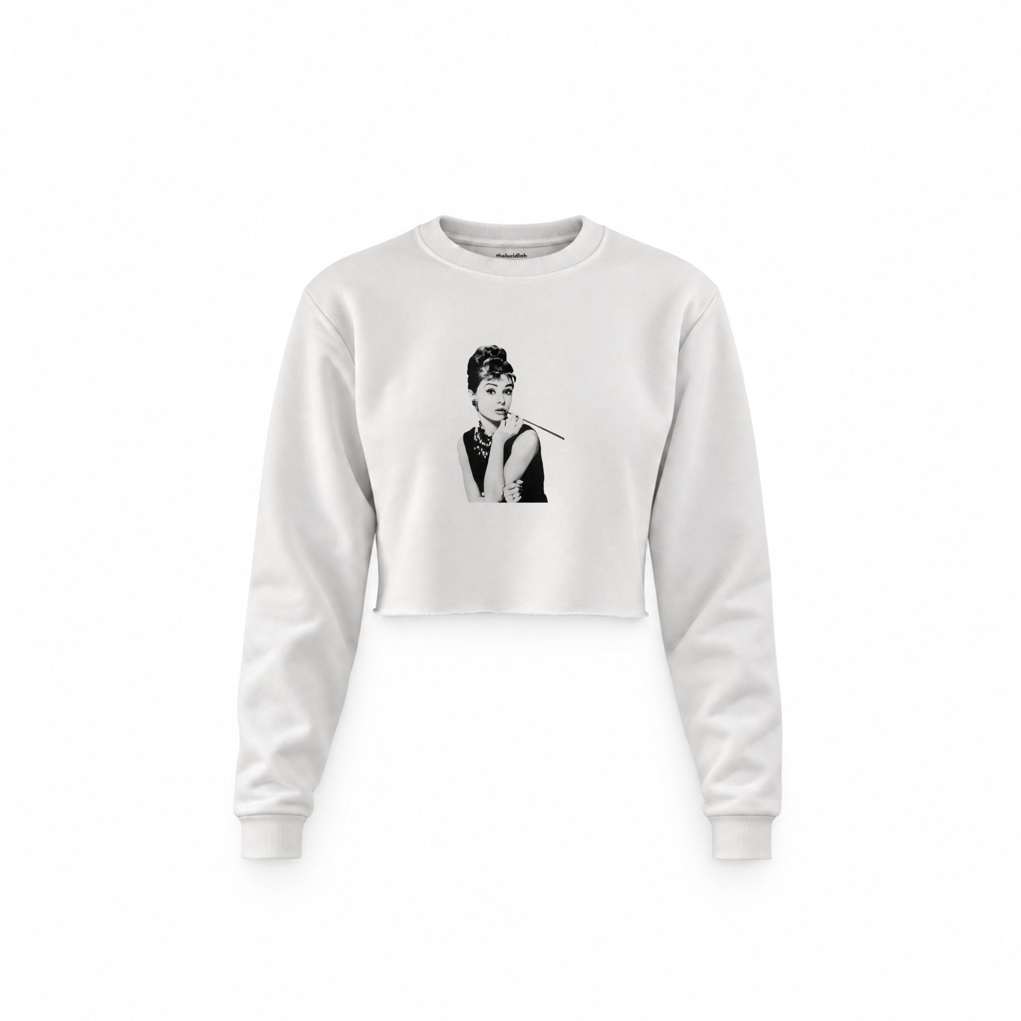 Audrey Hepburn Crop Sweatshirt — Beyaz — Ön baskı
