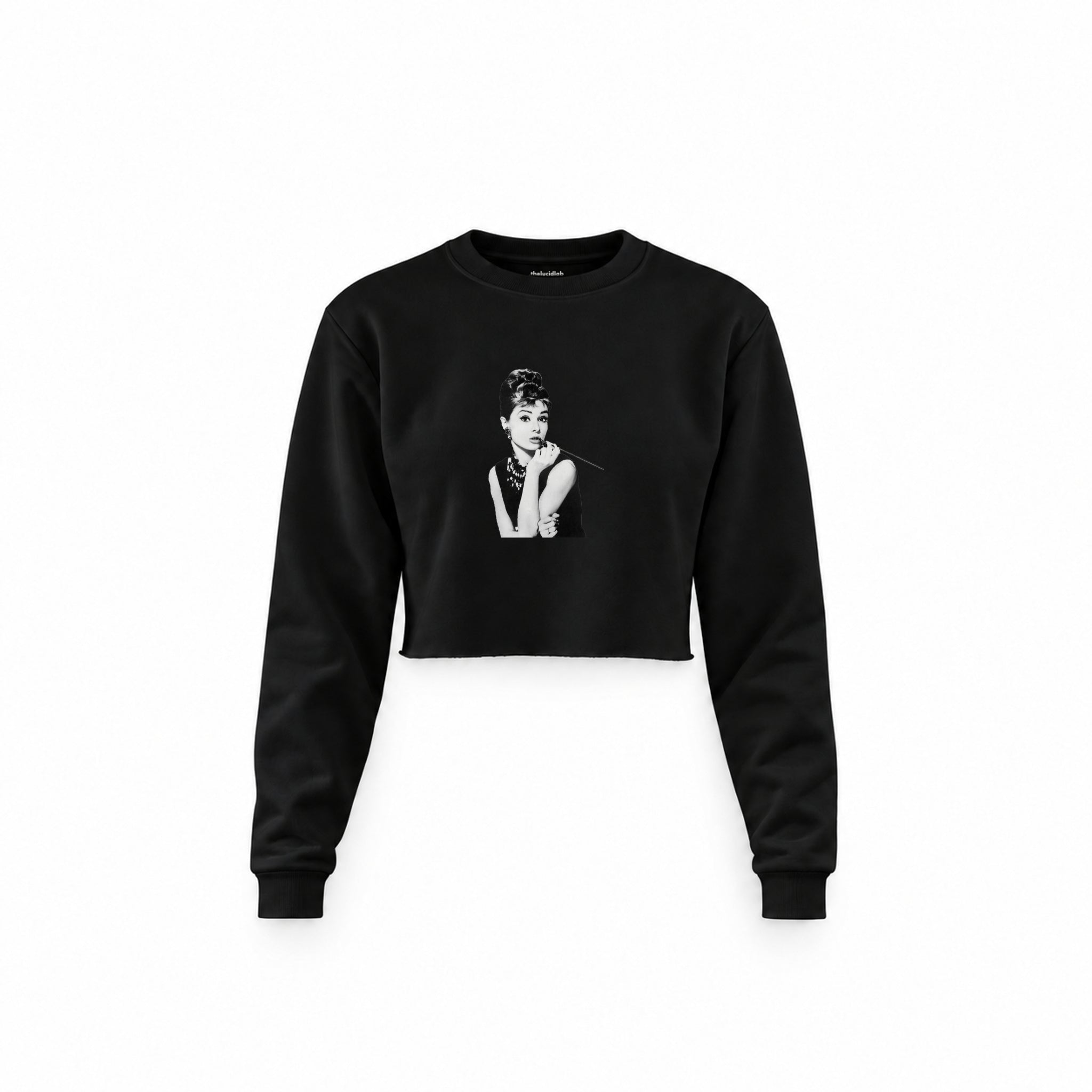 Audrey Hepburn Crop Sweatshirt — Siyah — Ön baskı