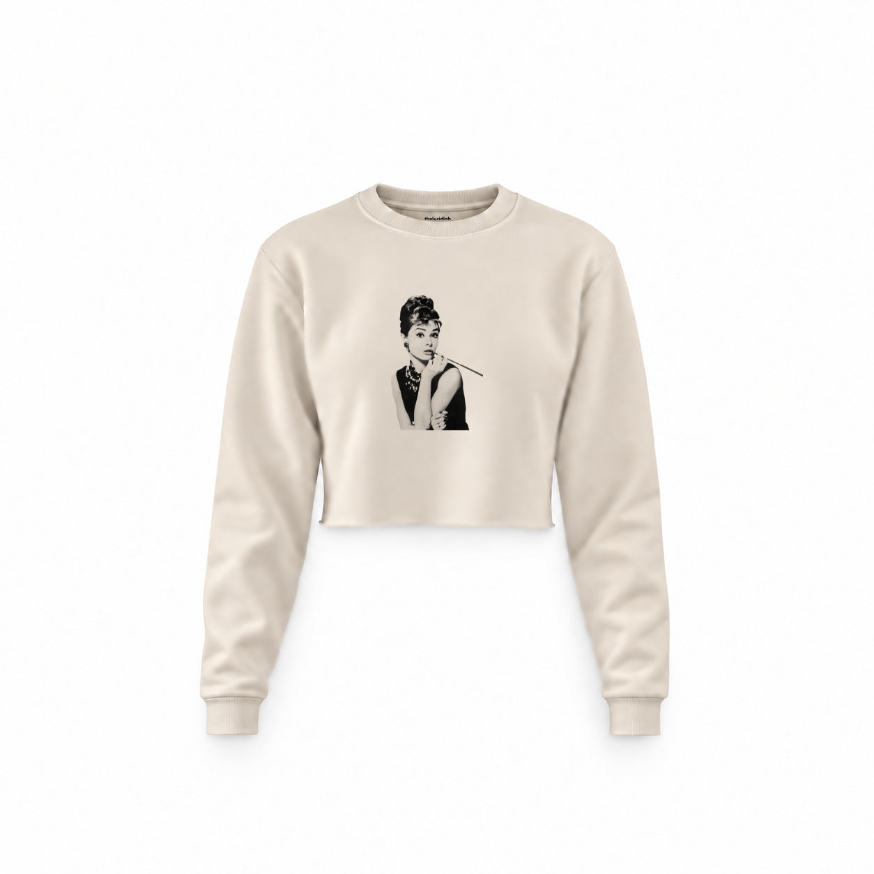 Audrey Hepburn Crop Sweatshirt — Krem — Ön baskı
