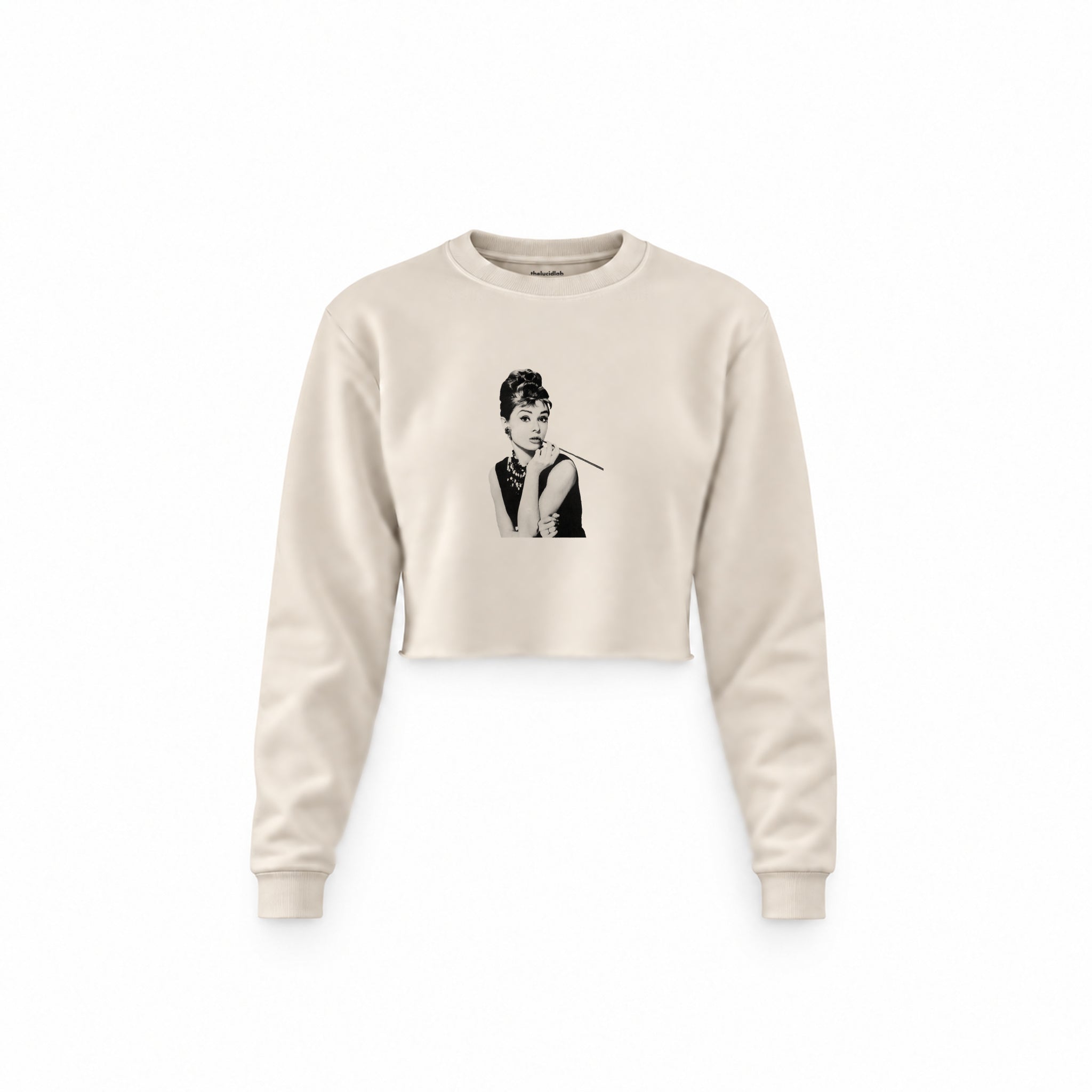 Audrey Hepburn Crop Sweatshirt — Krem — Ön baskı