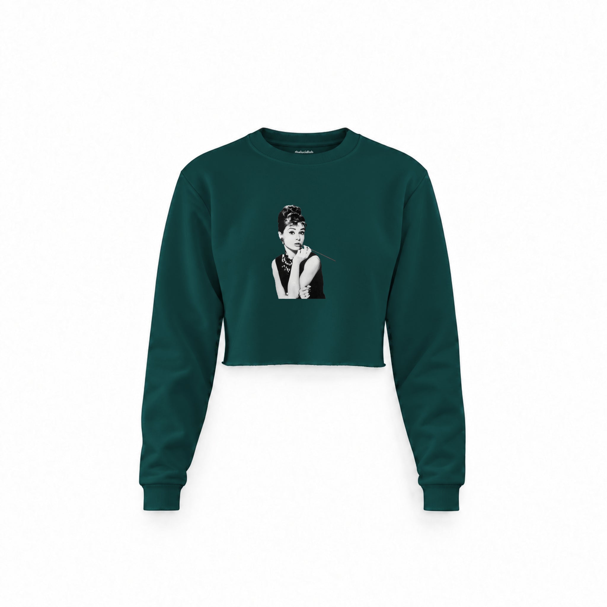Audrey Hepburn Crop Sweatshirt — Koyu Yeşil — Ön baskı