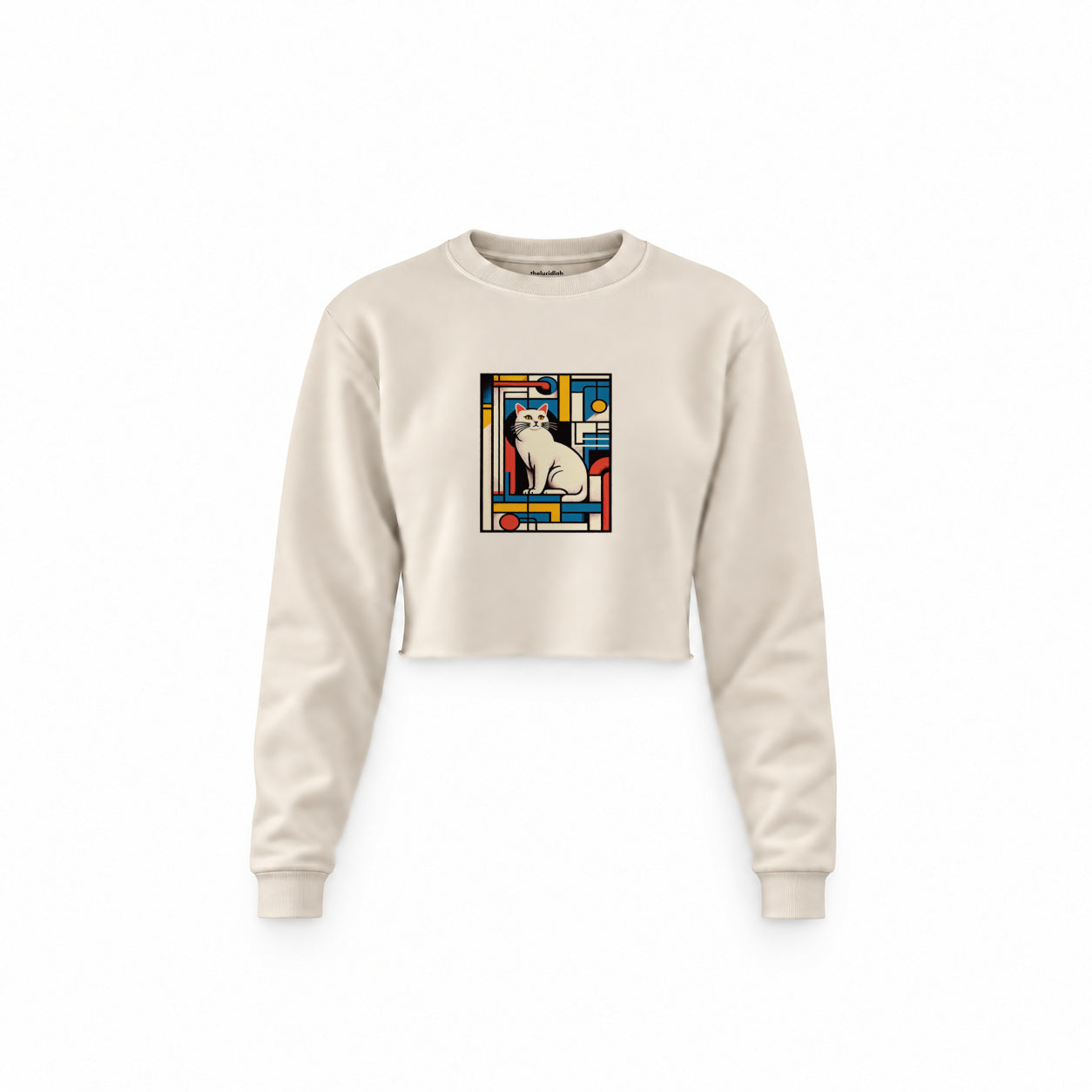 Bauhaus Cat Crop Sweatshirt — Krem — Ön baskı