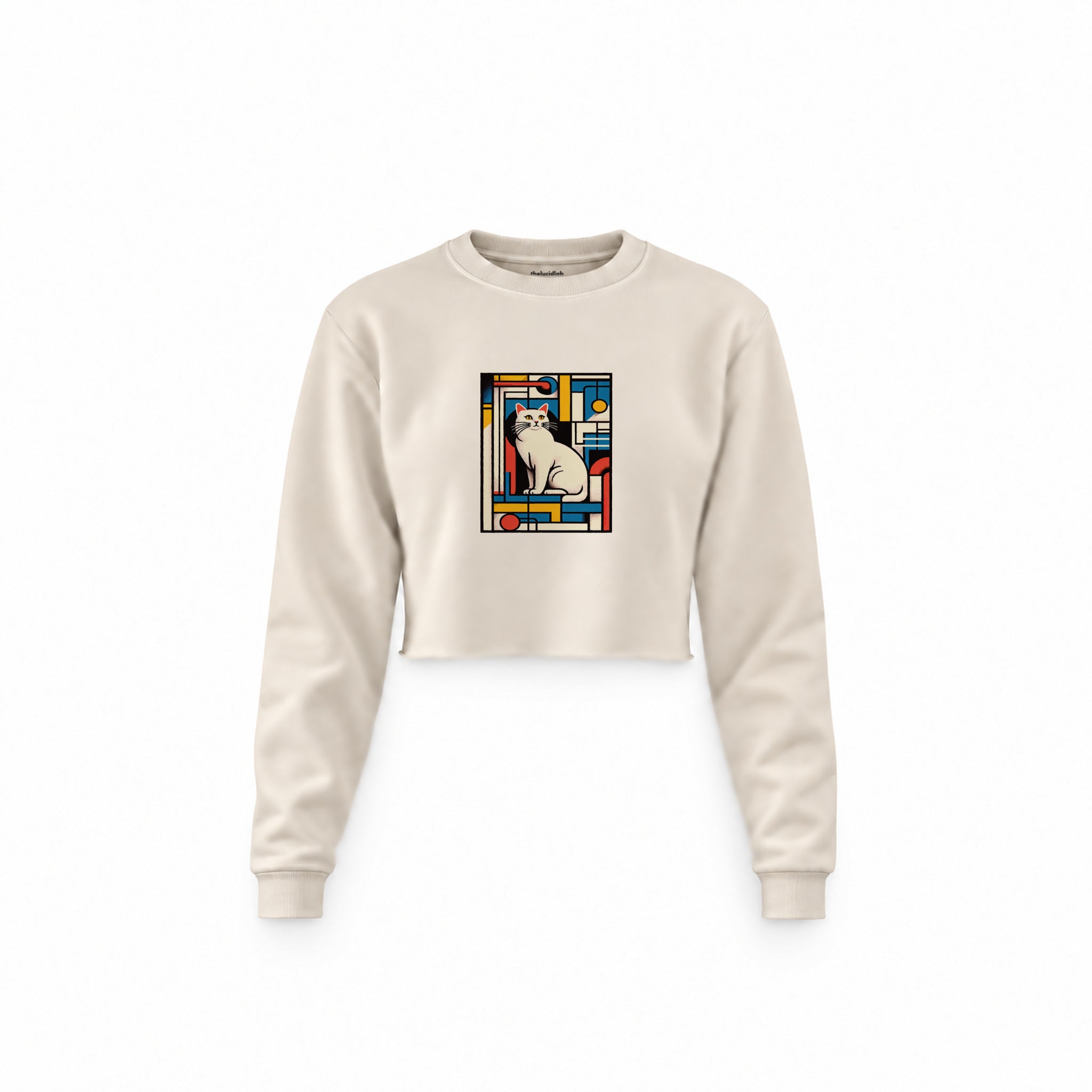 Bauhaus Cat Crop Sweatshirt — Krem — Ön baskı