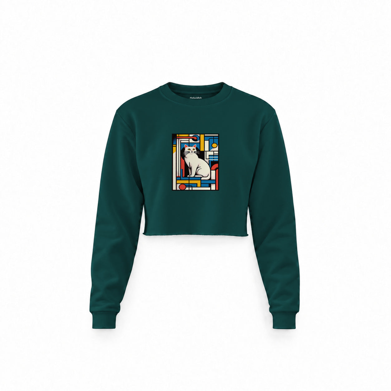 Bauhaus Cat Crop Sweatshirt — Koyu Yeşil — Ön baskı