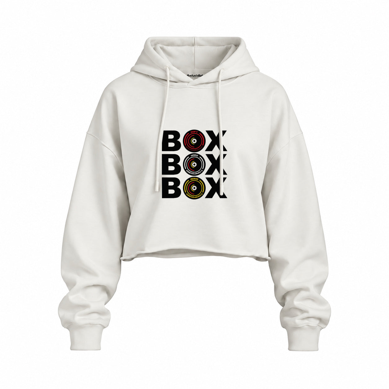 Box Box Box Oversize Crop Hoodie — Beyaz — Ön baskı