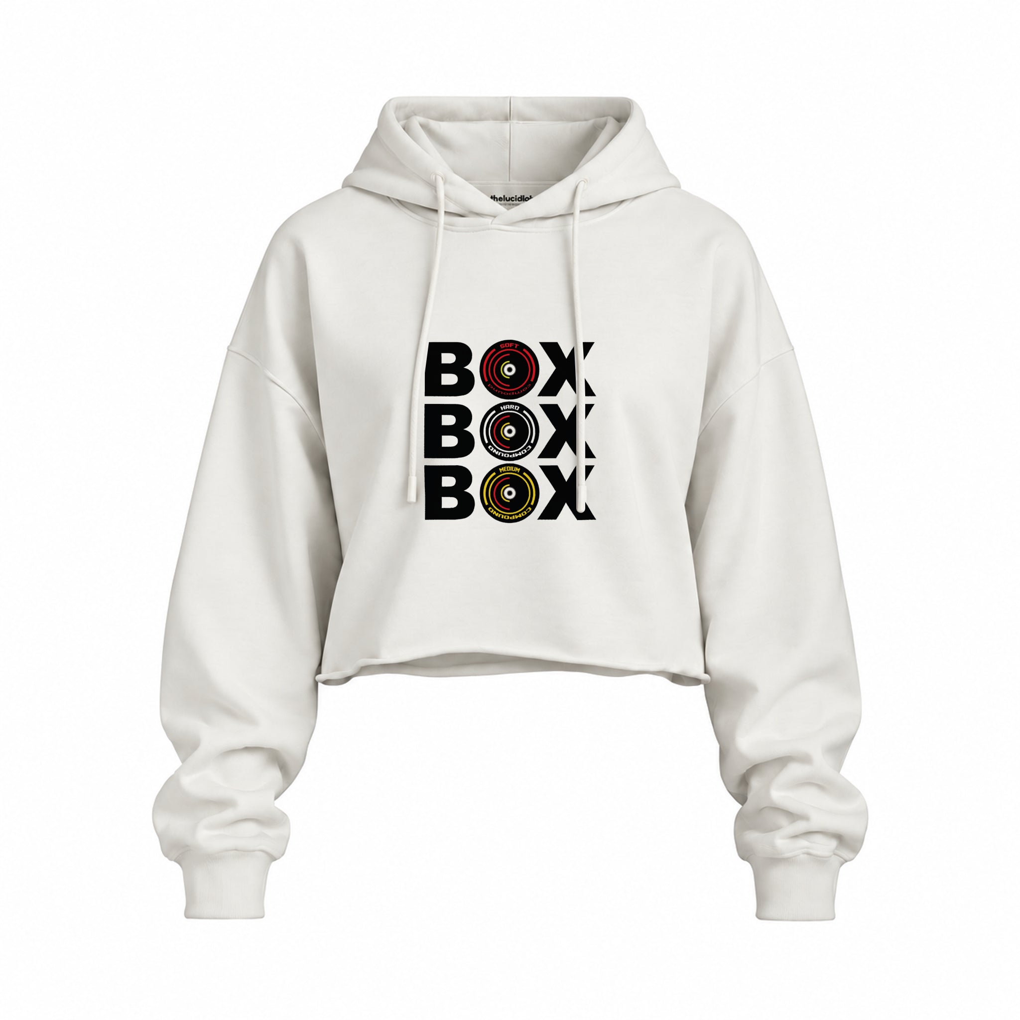 Box Box Box Oversize Crop Hoodie — Beyaz — Ön baskı