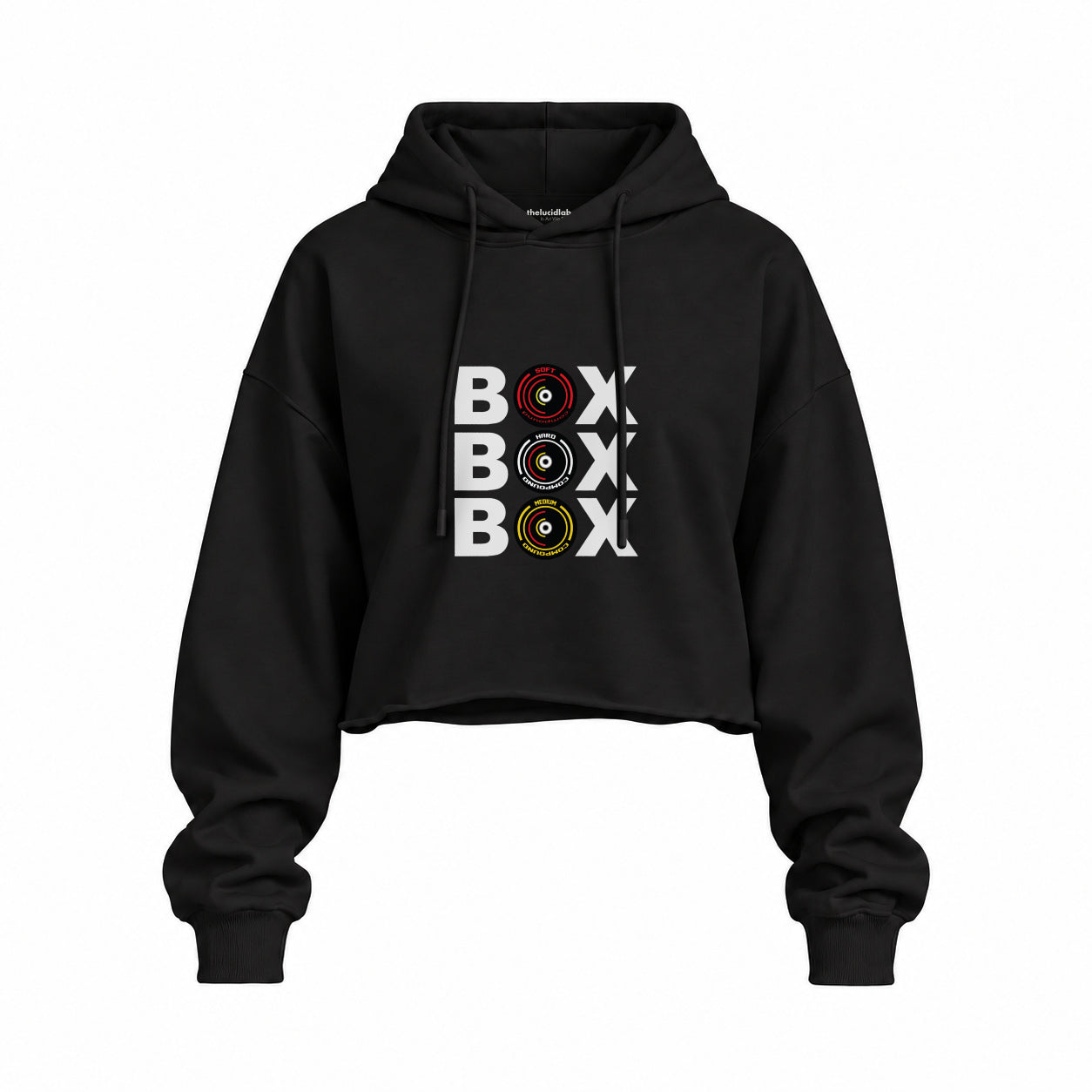 Box Box Box Oversize Crop Hoodie — Siyah — Ön baskı