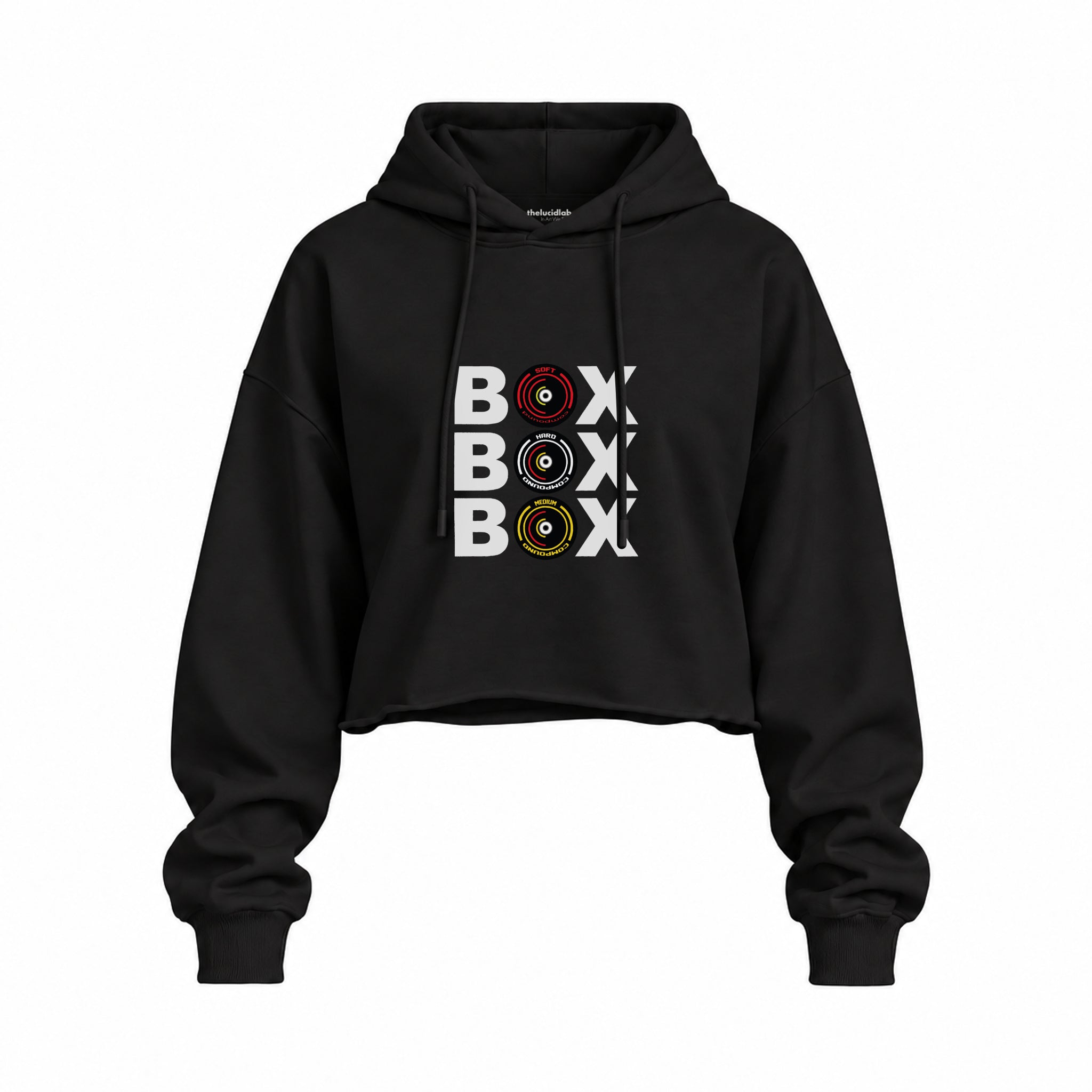 Box Box Box Oversize Crop Hoodie — Siyah — Ön baskı