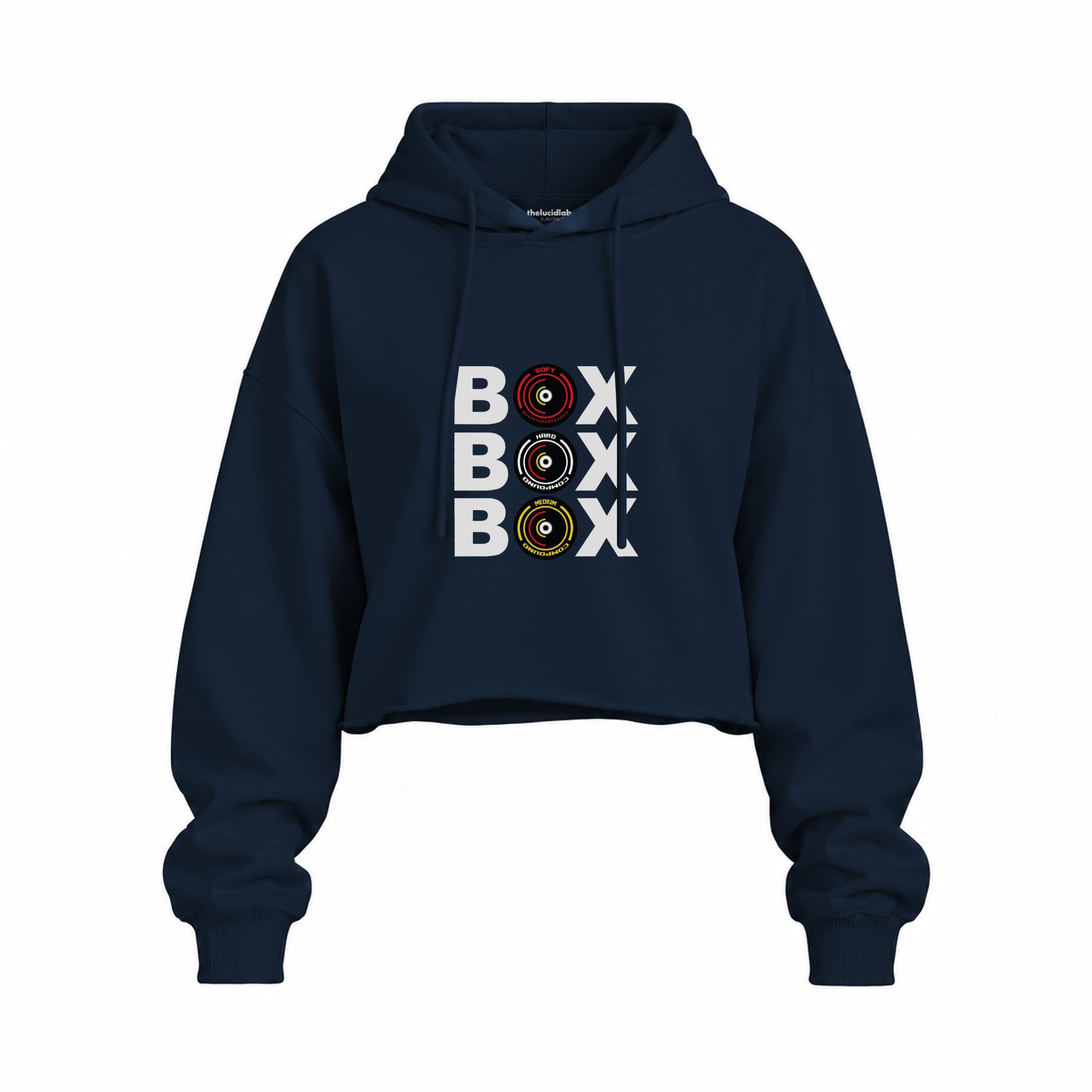 Box Box Box Oversize Crop Hoodie — Lacivert — Ön baskı