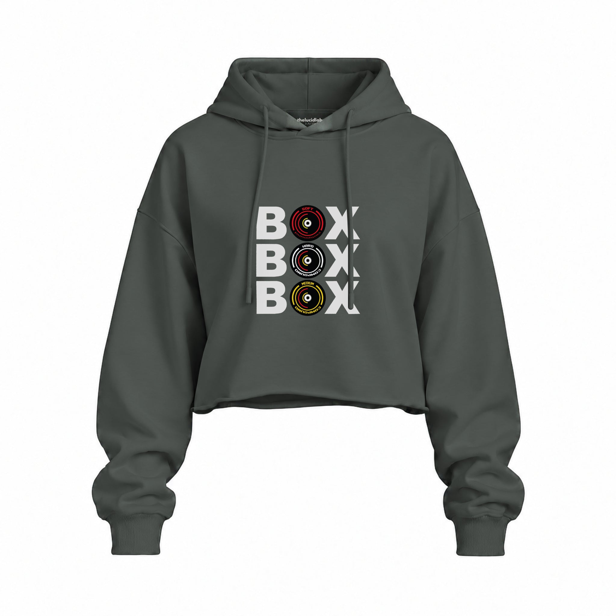 Box Box Box Oversize Crop Hoodie — Antrasit — Ön baskı