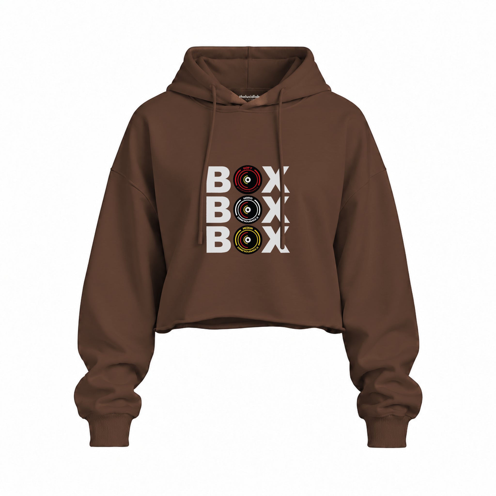 Box Box Box Oversize Crop Hoodie — Kahverengi — Ön baskı