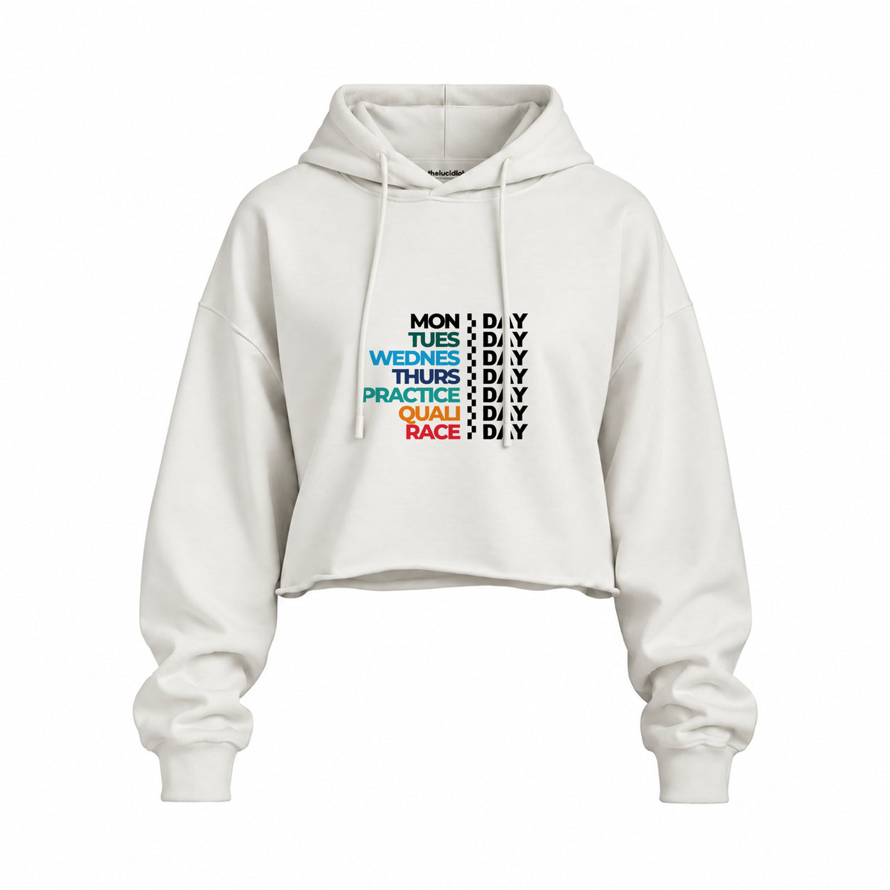 Formula 1 / Week Days Oversize Crop Hoodie — Beyaz — Ön baskı
