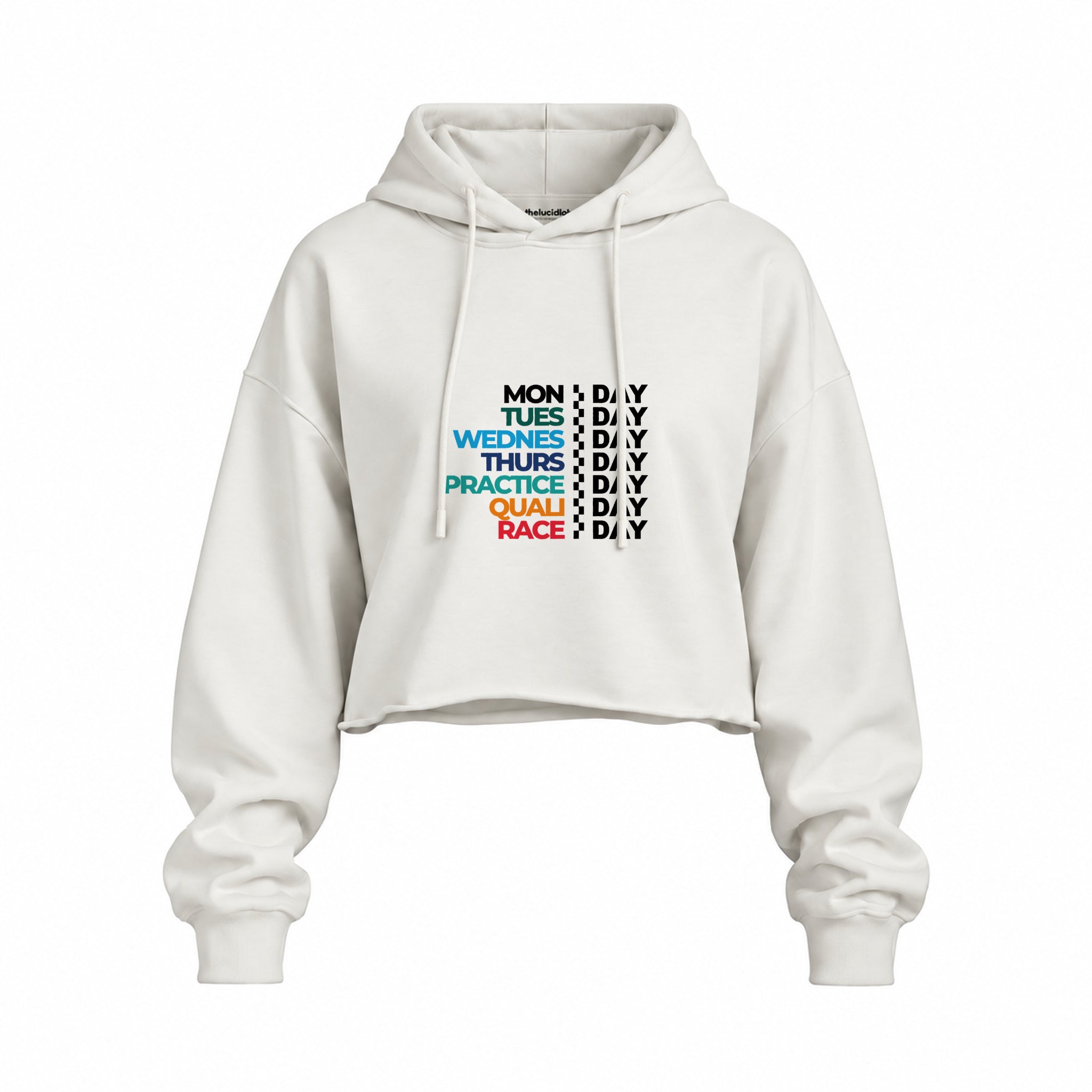Formula 1 / Week Days Oversize Crop Hoodie — Beyaz — Ön baskı