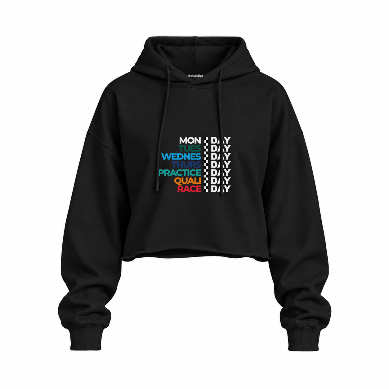 Formula 1 / Week Days Oversize Crop Hoodie — Siyah — Ön baskı
