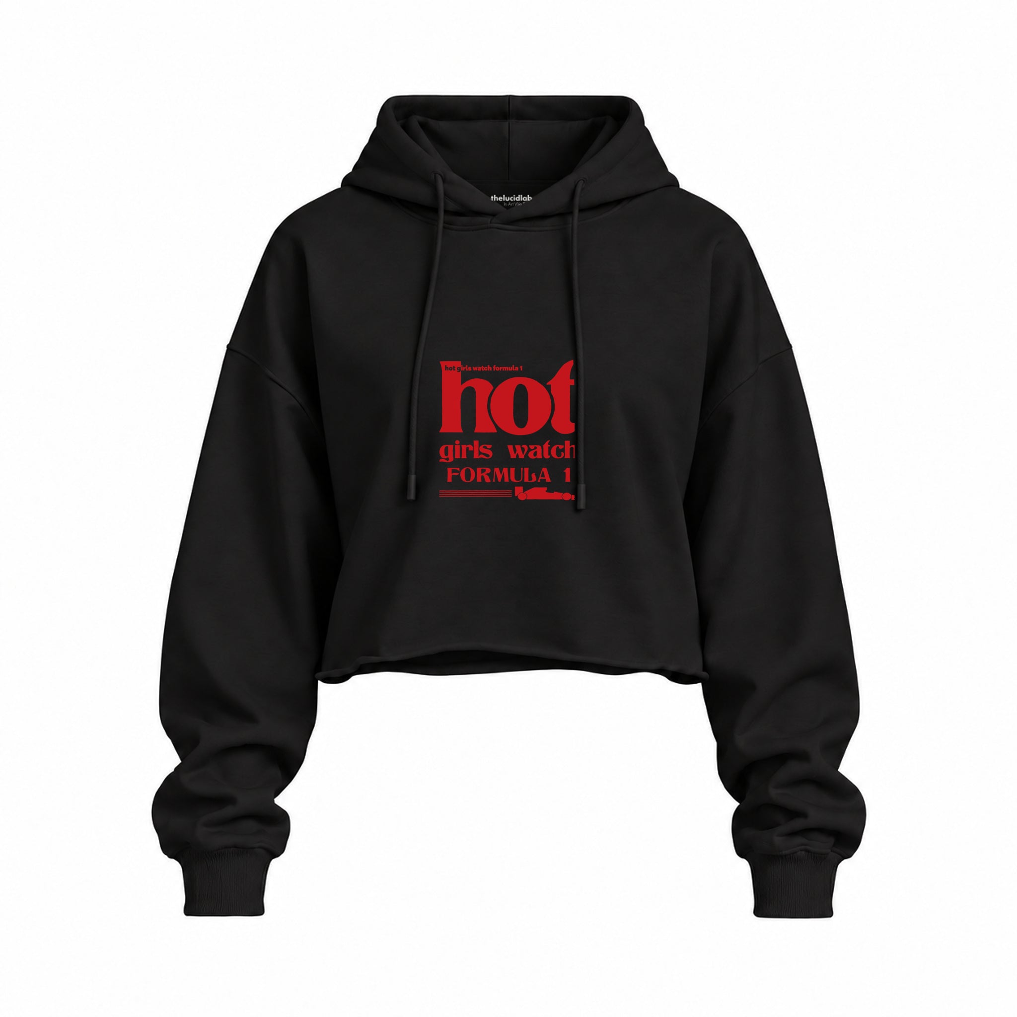 Hot Girls Watch Formula 1 Oversize Crop Hoodie — Siyah — Ön baskı