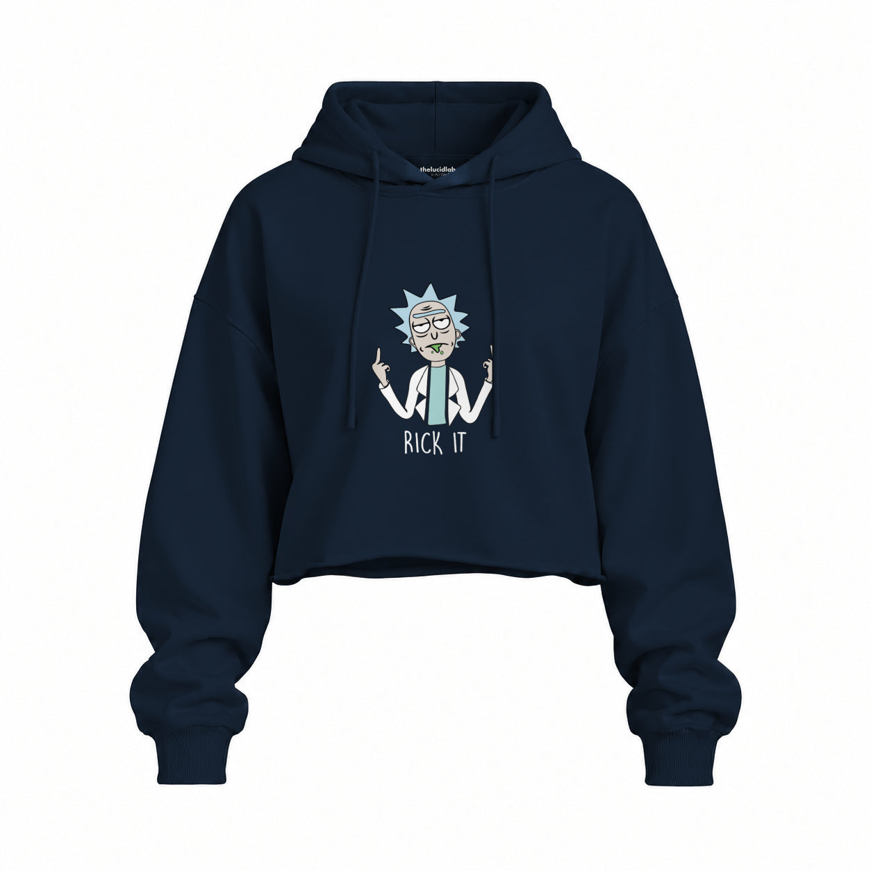 Rick It Oversize Crop Hoodie — Lacivert — Ön baskı
