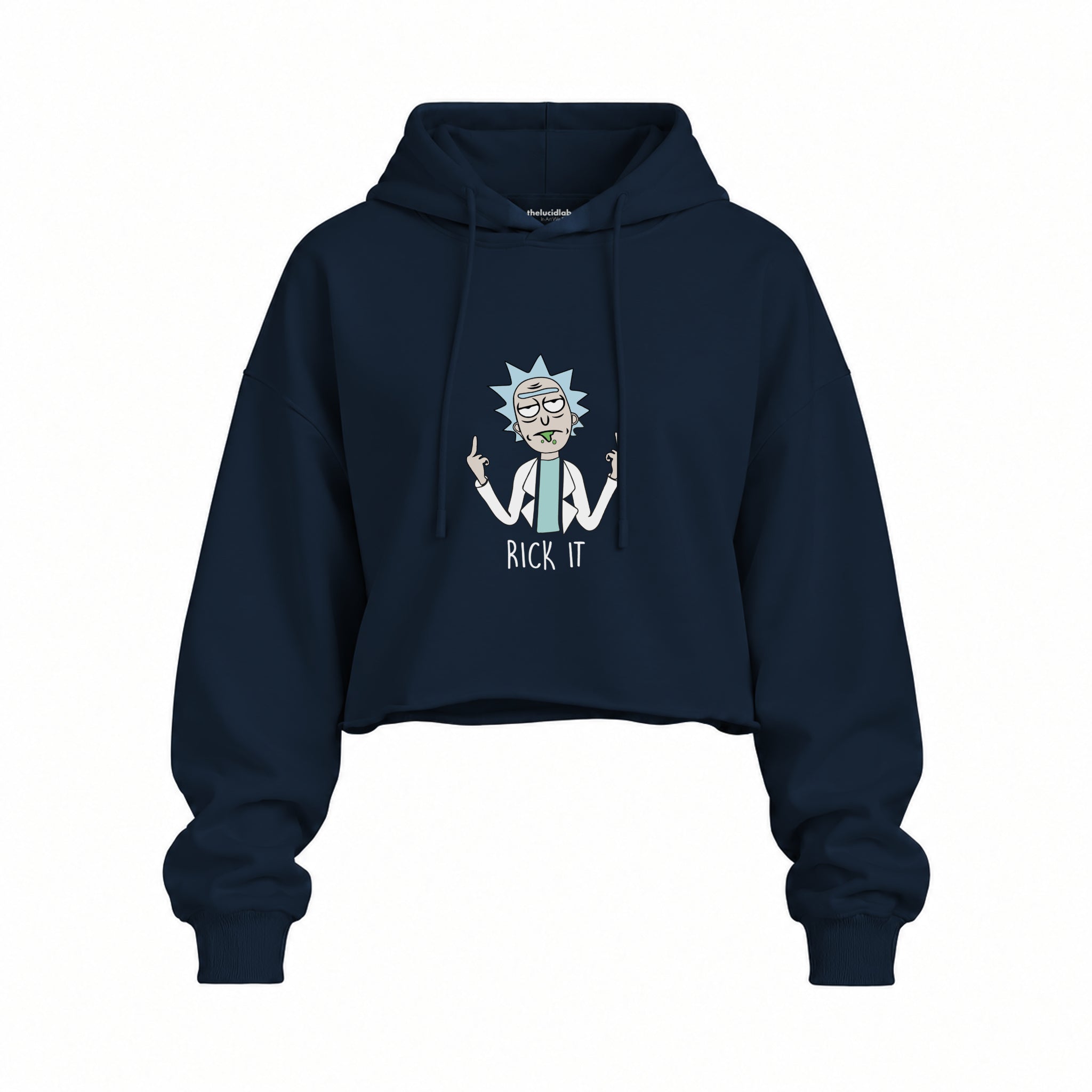 Rick It Oversize Crop Hoodie — Lacivert — Ön baskı