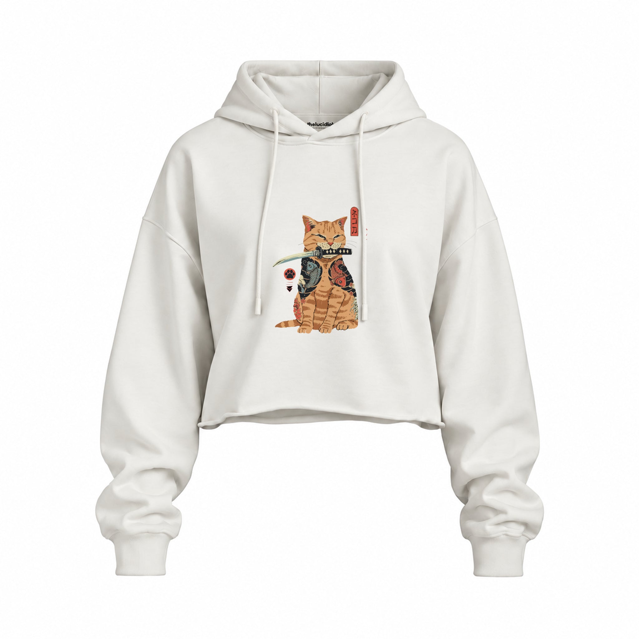 Catana Oversize Crop Hoodie — Beyaz — Ön baskı