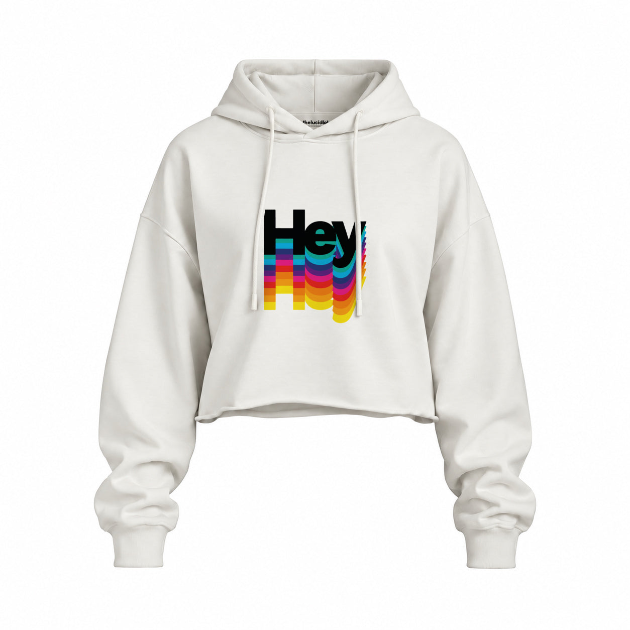 Hey Oversize Crop Hoodie — Beyaz — Ön baskı