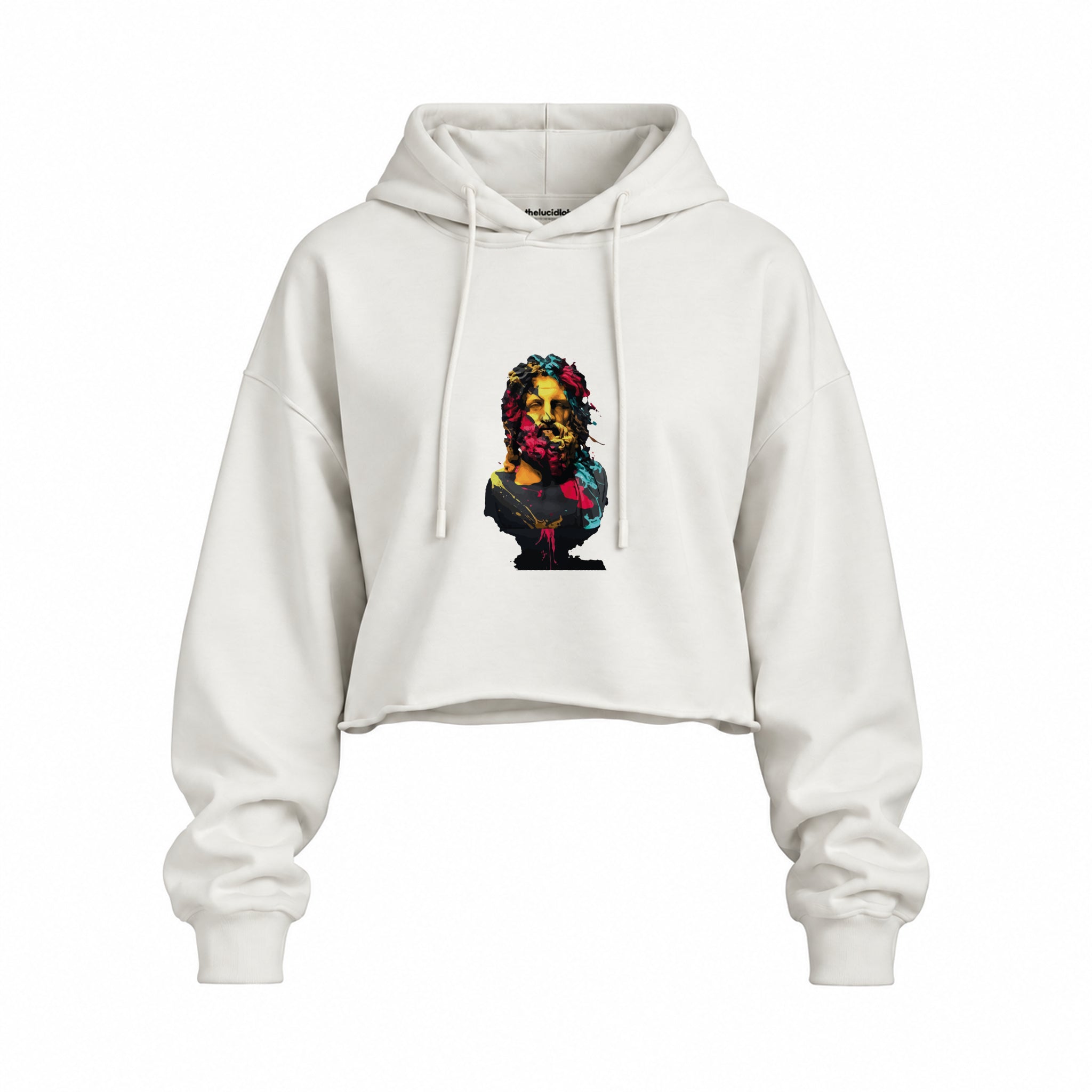 Zeus Oversize Crop Hoodie — Beyaz — Ön baskı