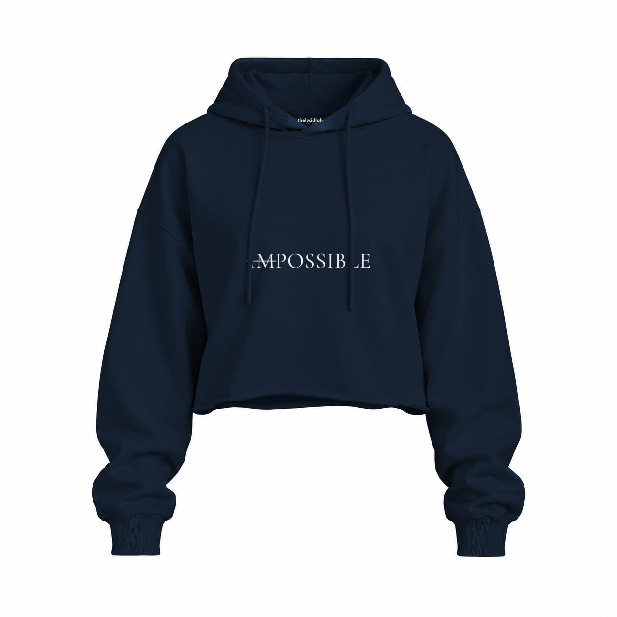 IMPOSSIBLE Oversize Crop Hoodie — Lacivert — Ön baskı