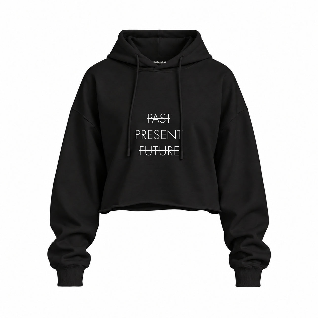 Past Present Future Oversize Crop Hoodie — Siyah — Ön baskı