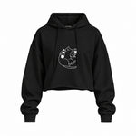 Wine Lover Cat Oversize Crop Hoodie — Siyah — Ön baskı