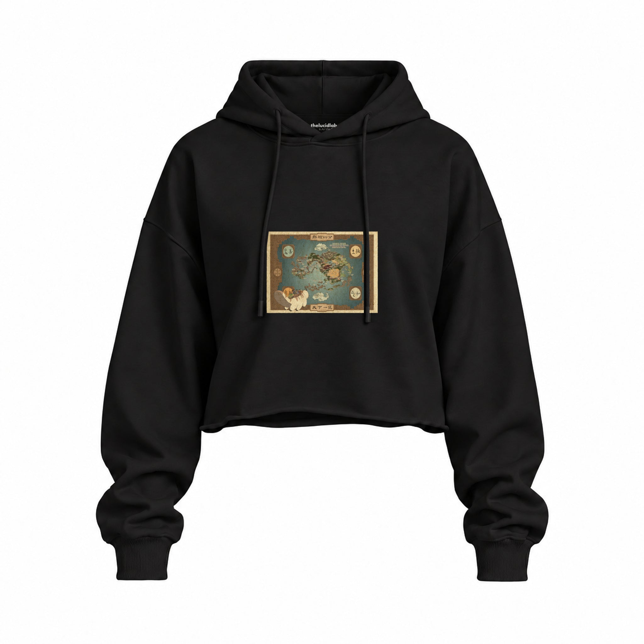 Avatar The Last Airbender Map Oversize Crop Hoodie — Siyah — Ön baskı