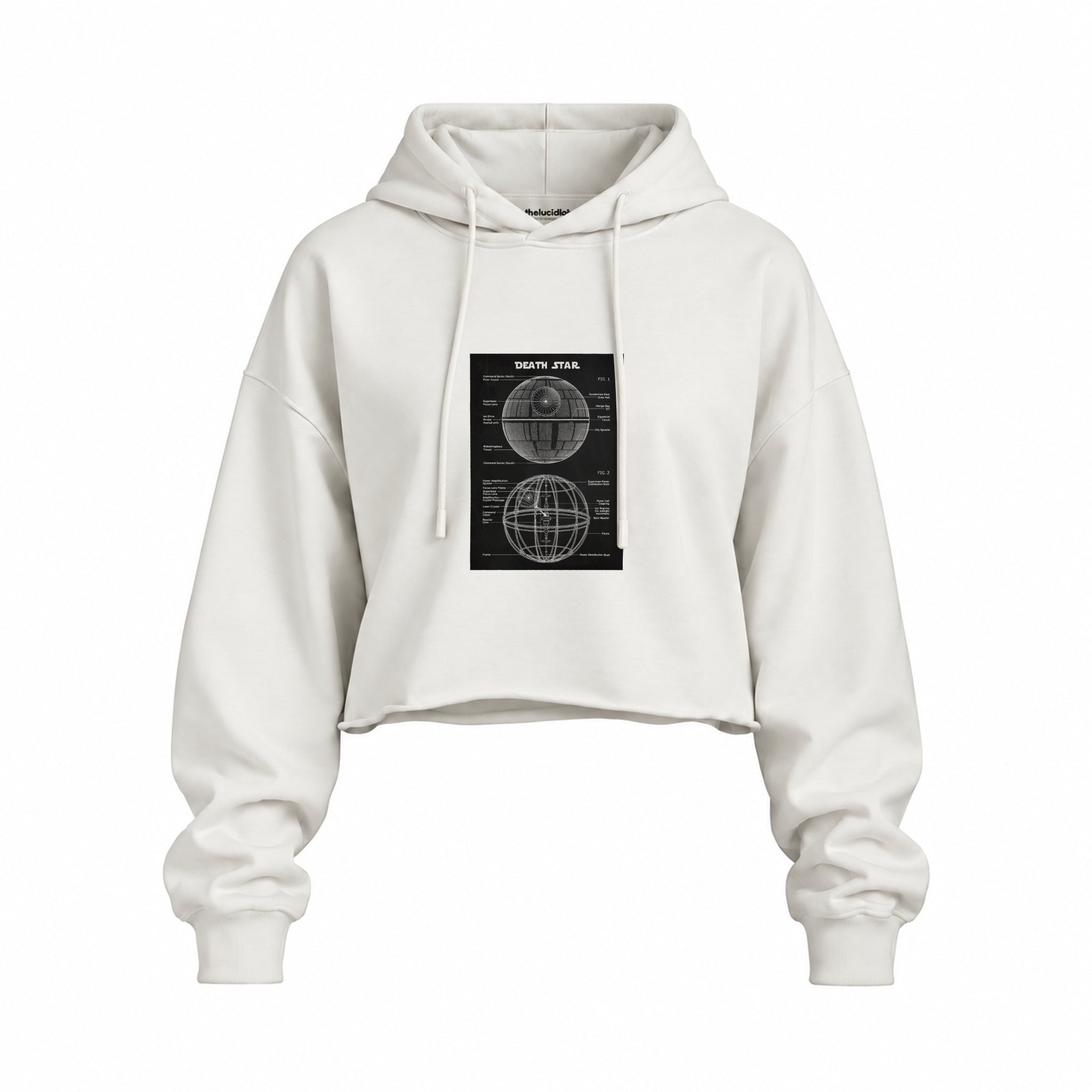 Death Star Oversize Crop Hoodie — Beyaz — Ön baskı