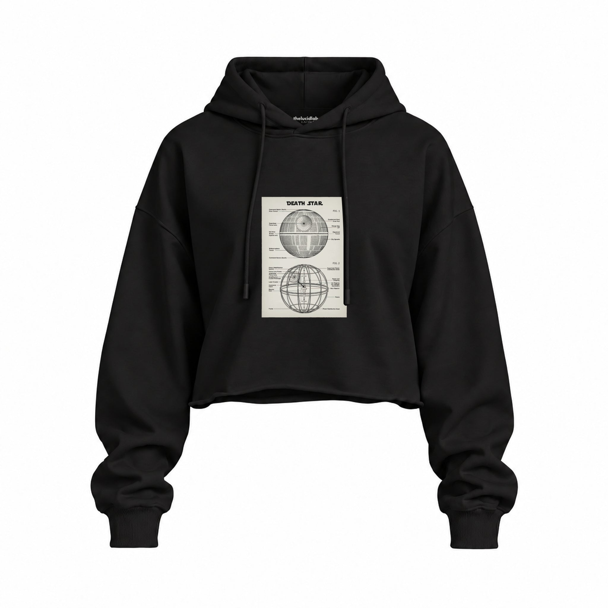 Death Star Oversize Crop Hoodie — Siyah — Ön baskı