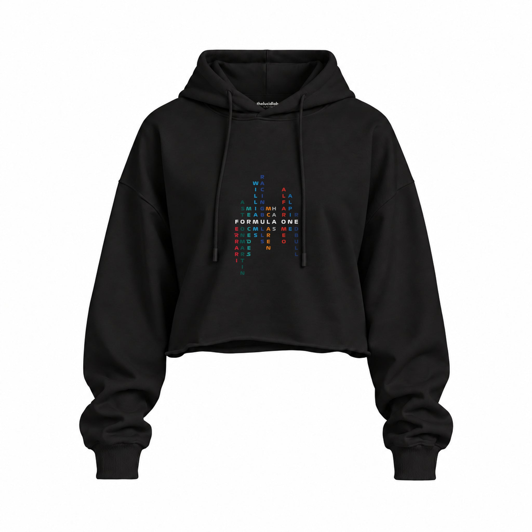 Formula 1 Teams Oversize Crop Hoodie — Siyah — Ön baskı
