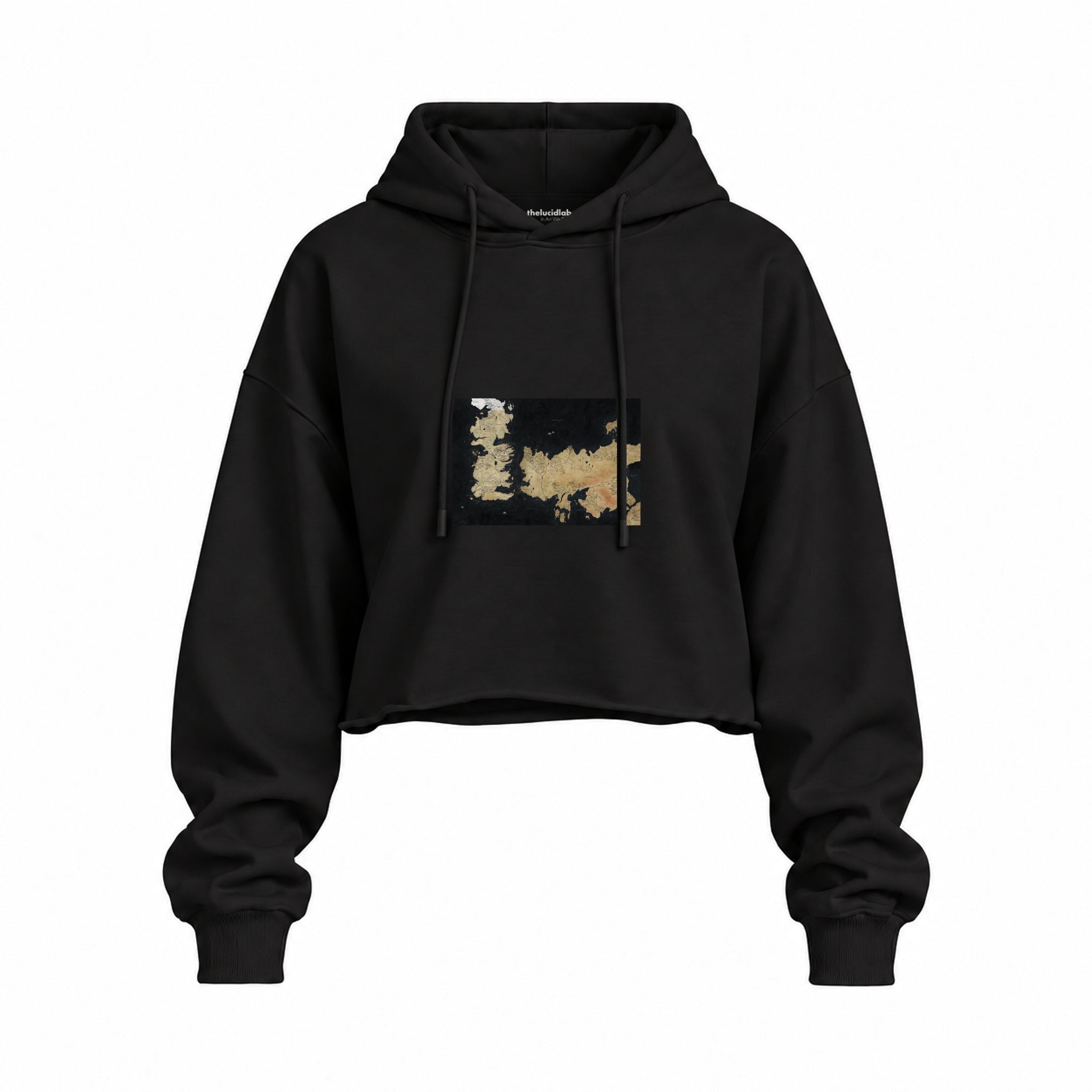 Game Of Thrones Map Oversize Crop Hoodie — Siyah — Ön baskı