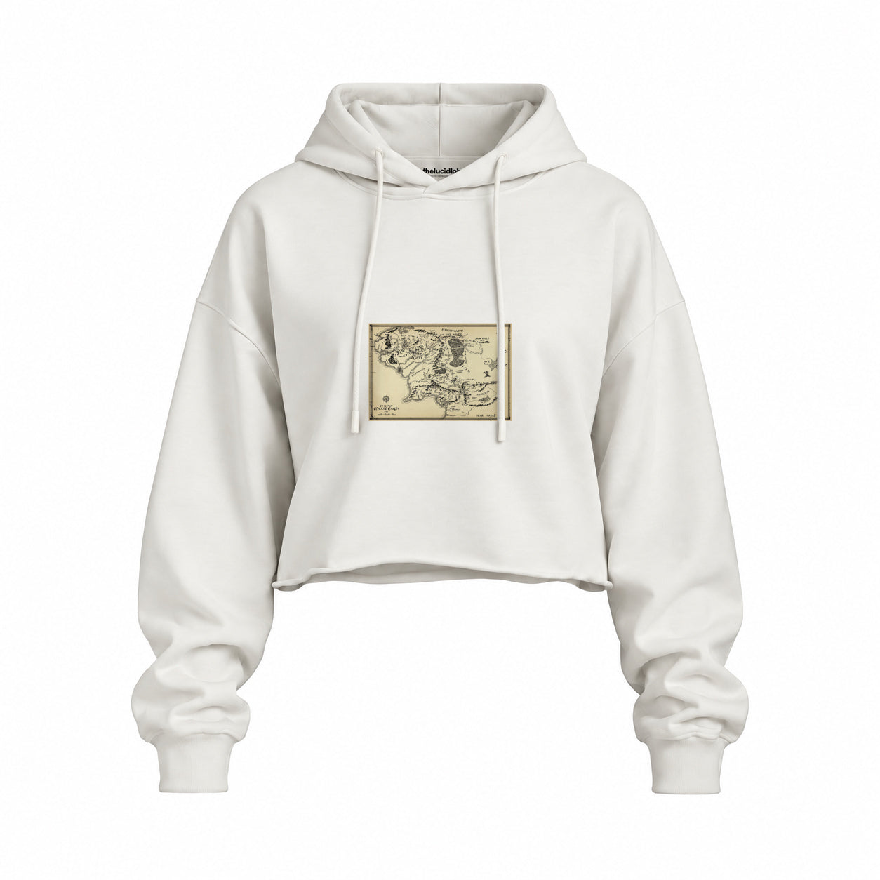Yüzüklerin Efendisi Orta Dünya Haritası - Lord Of The Rings Oversize Crop Hoodie — Beyaz — Ön baskı