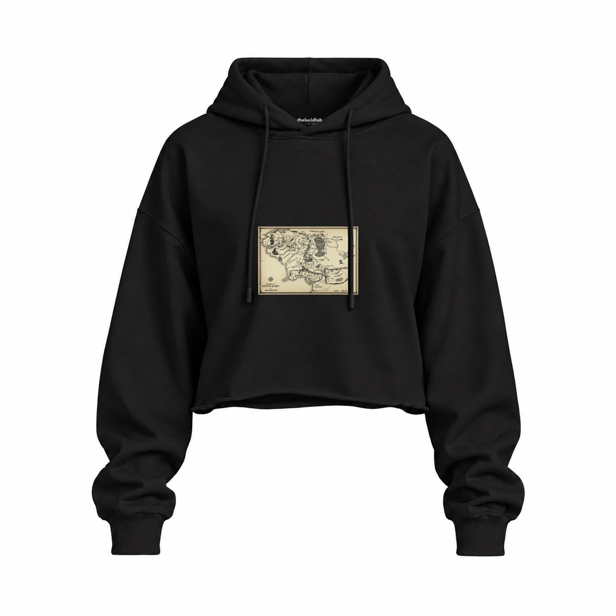 Yüzüklerin Efendisi Orta Dünya Haritası - Lord Of The Rings Oversize Crop Hoodie — Siyah — Ön baskı