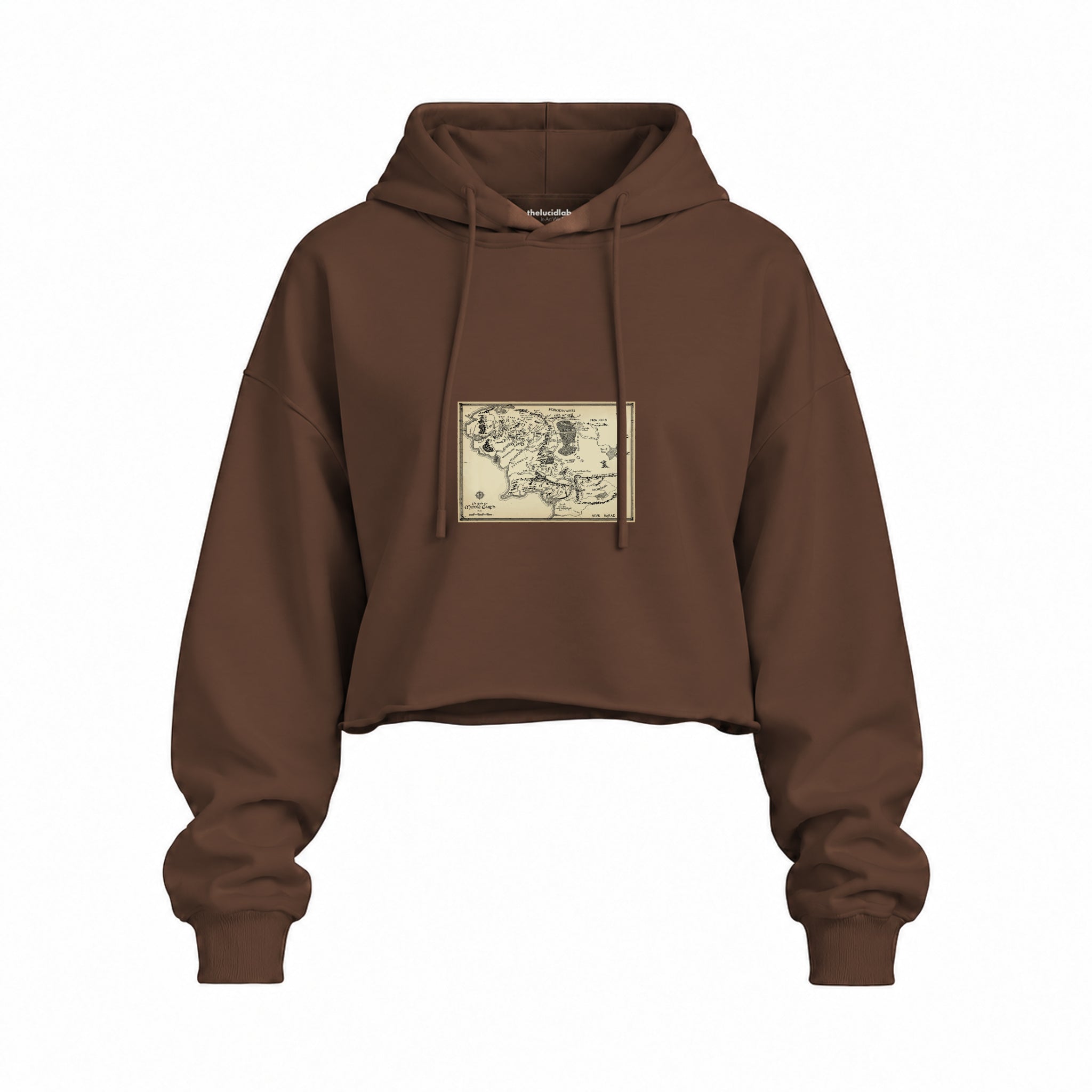 Yüzüklerin Efendisi Orta Dünya Haritası - Lord Of The Rings Oversize Crop Hoodie — Kahverengi — Ön baskı
