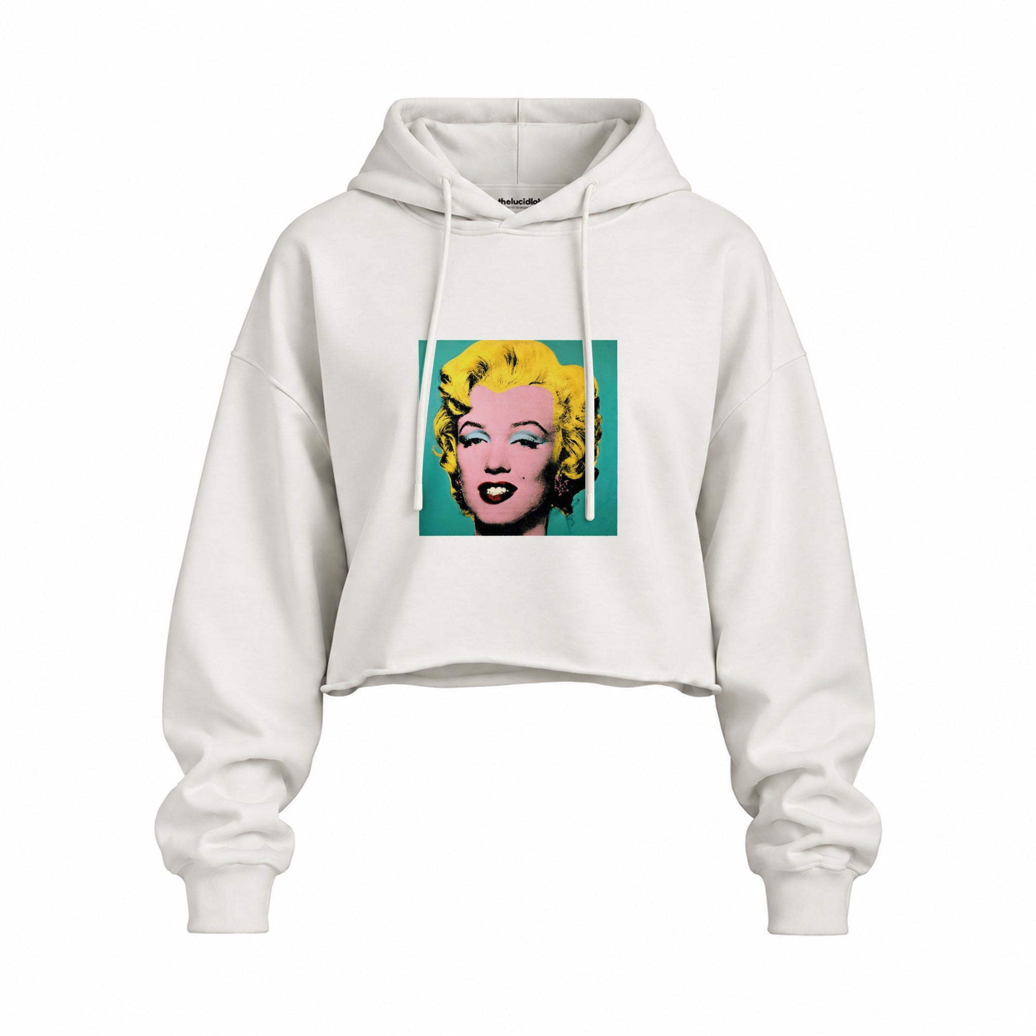 Andy Warhol / Marilyn Monroe Blue Oversize Crop Hoodie — Beyaz — Ön baskı