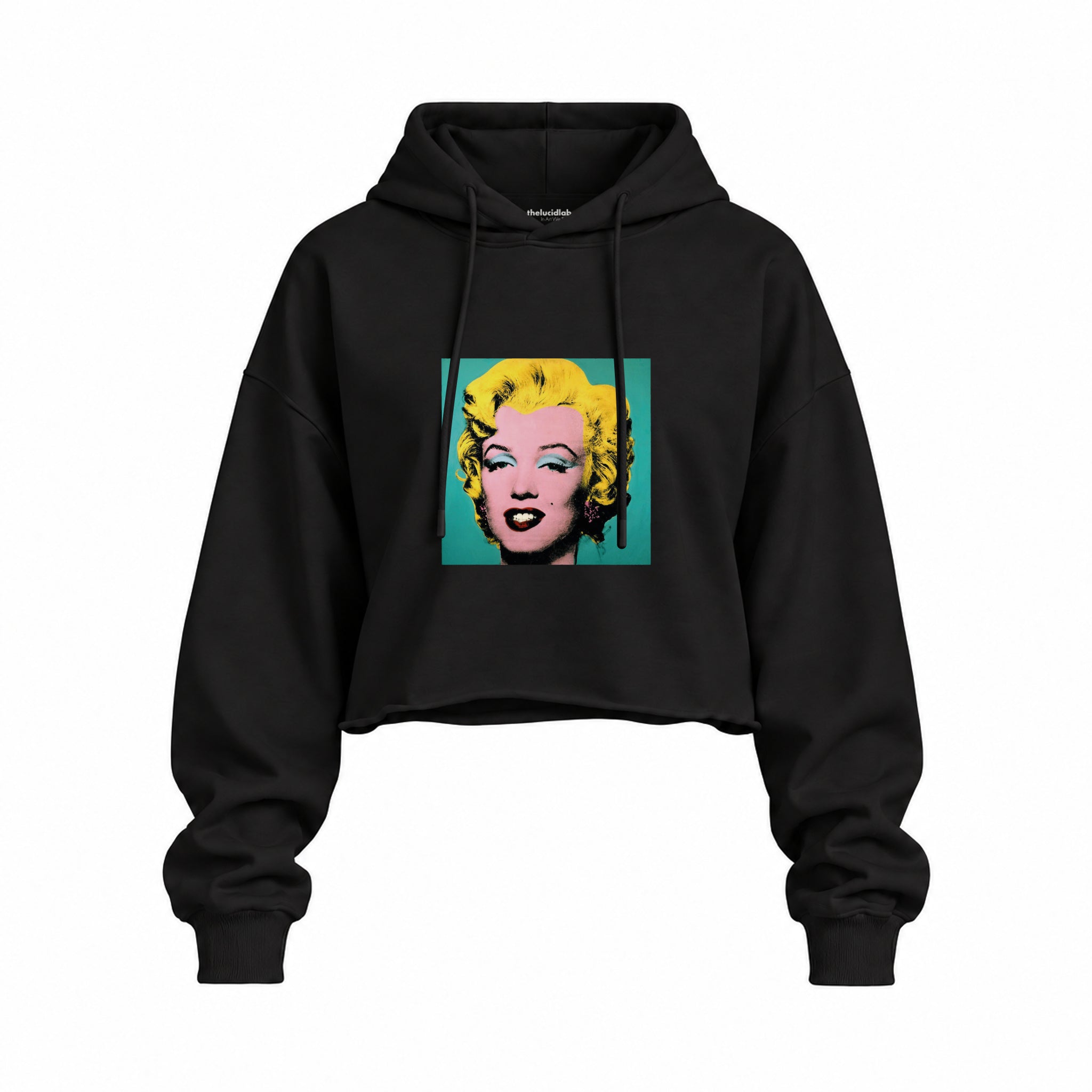 Andy Warhol / Marilyn Monroe Blue Oversize Crop Hoodie — Siyah — Ön baskı