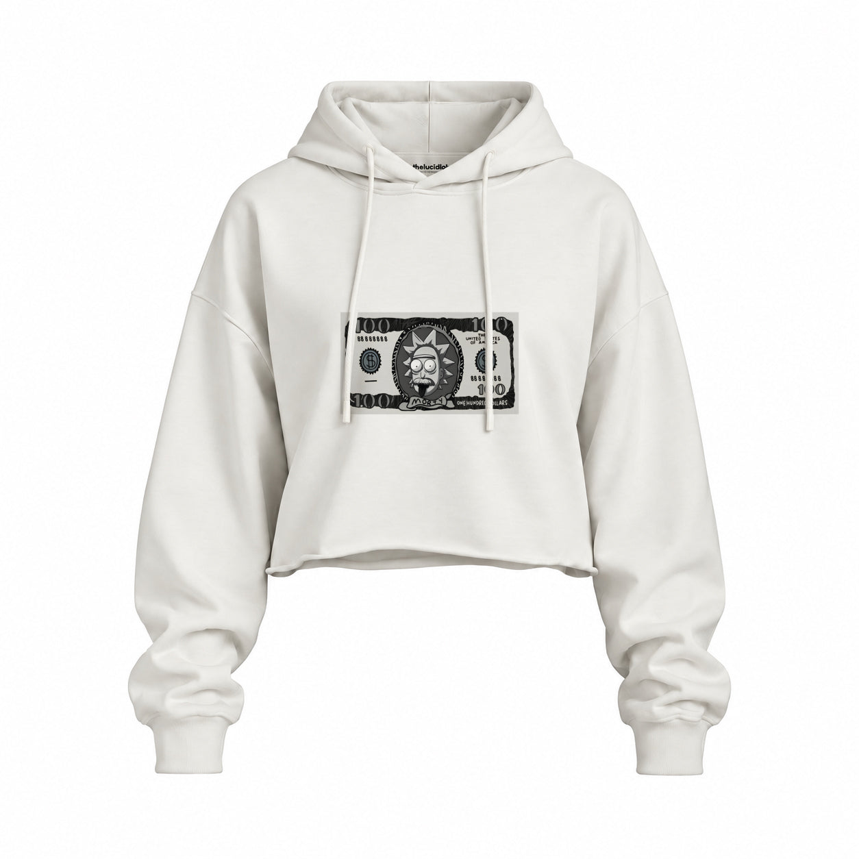 Morty Dollar Oversize Crop Hoodie — Beyaz — Ön baskı