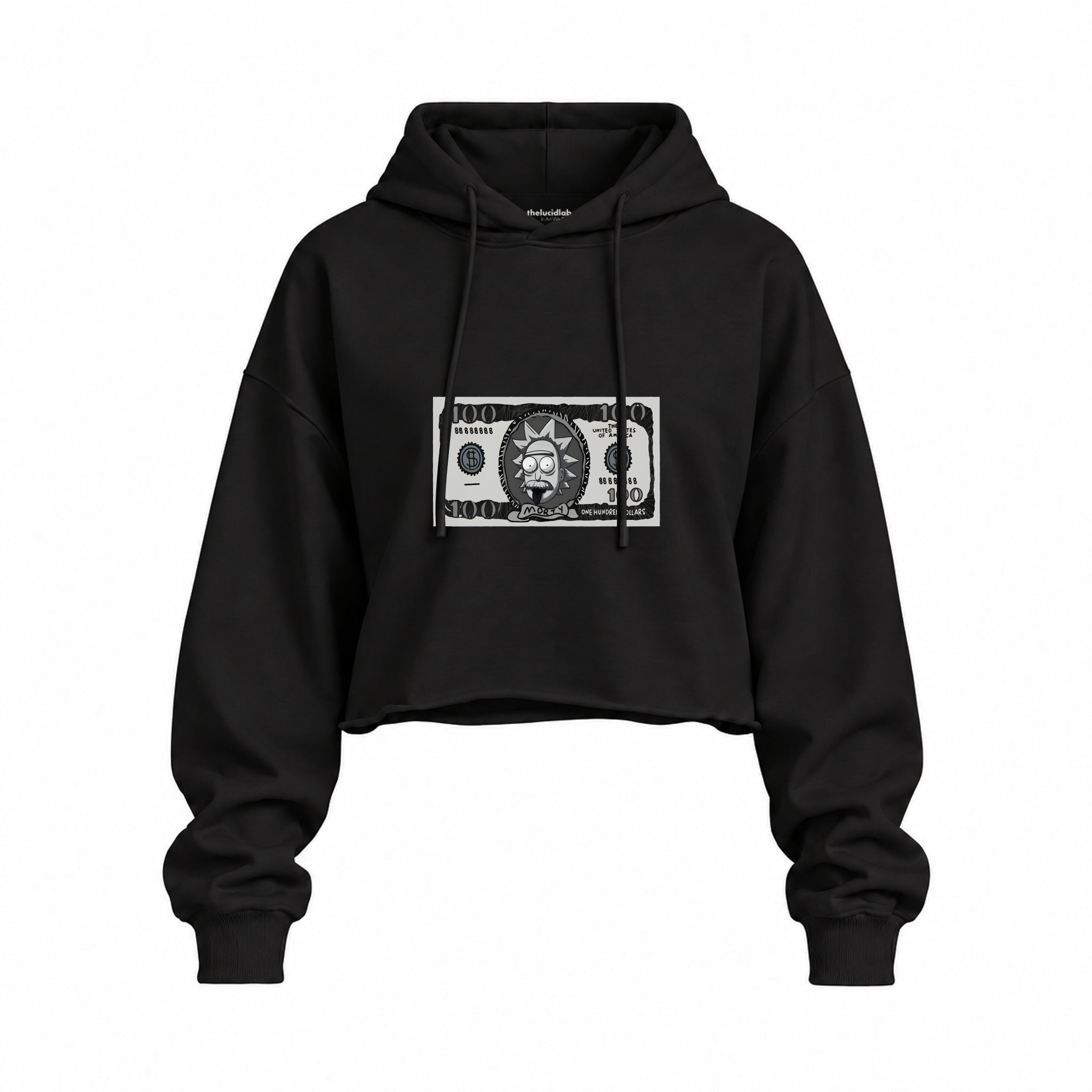 Morty Dollar Oversize Crop Hoodie — Siyah — Ön baskı