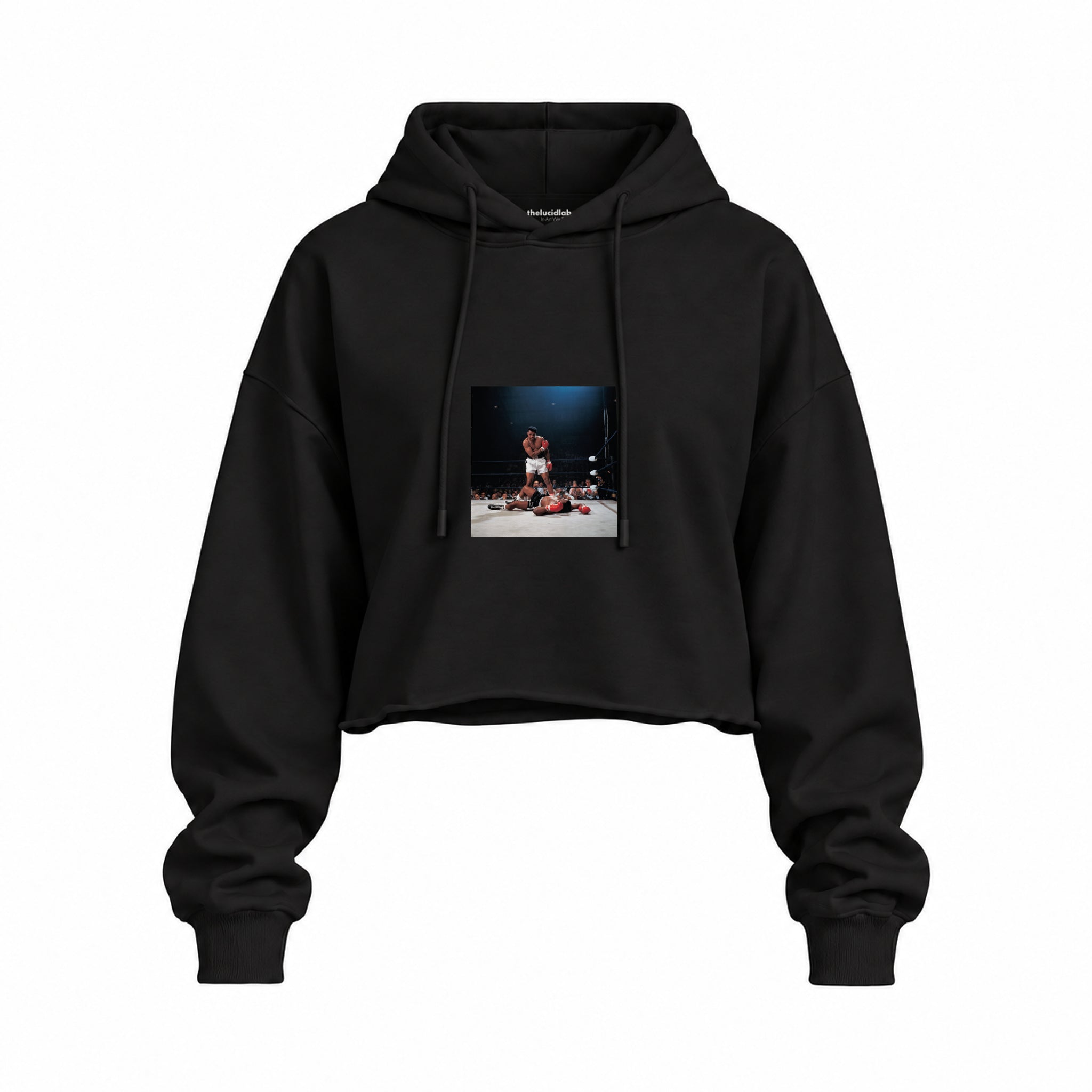 Muhammed Ali And Sonny Liston Usa 1965 Oversize Crop Hoodie — Siyah — Ön baskı