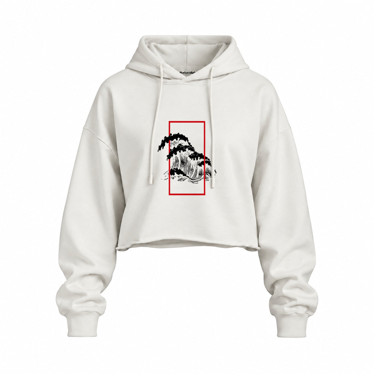Perspektif Kanagawa Dalgası Oversize Crop Hoodie — Beyaz — Ön baskı