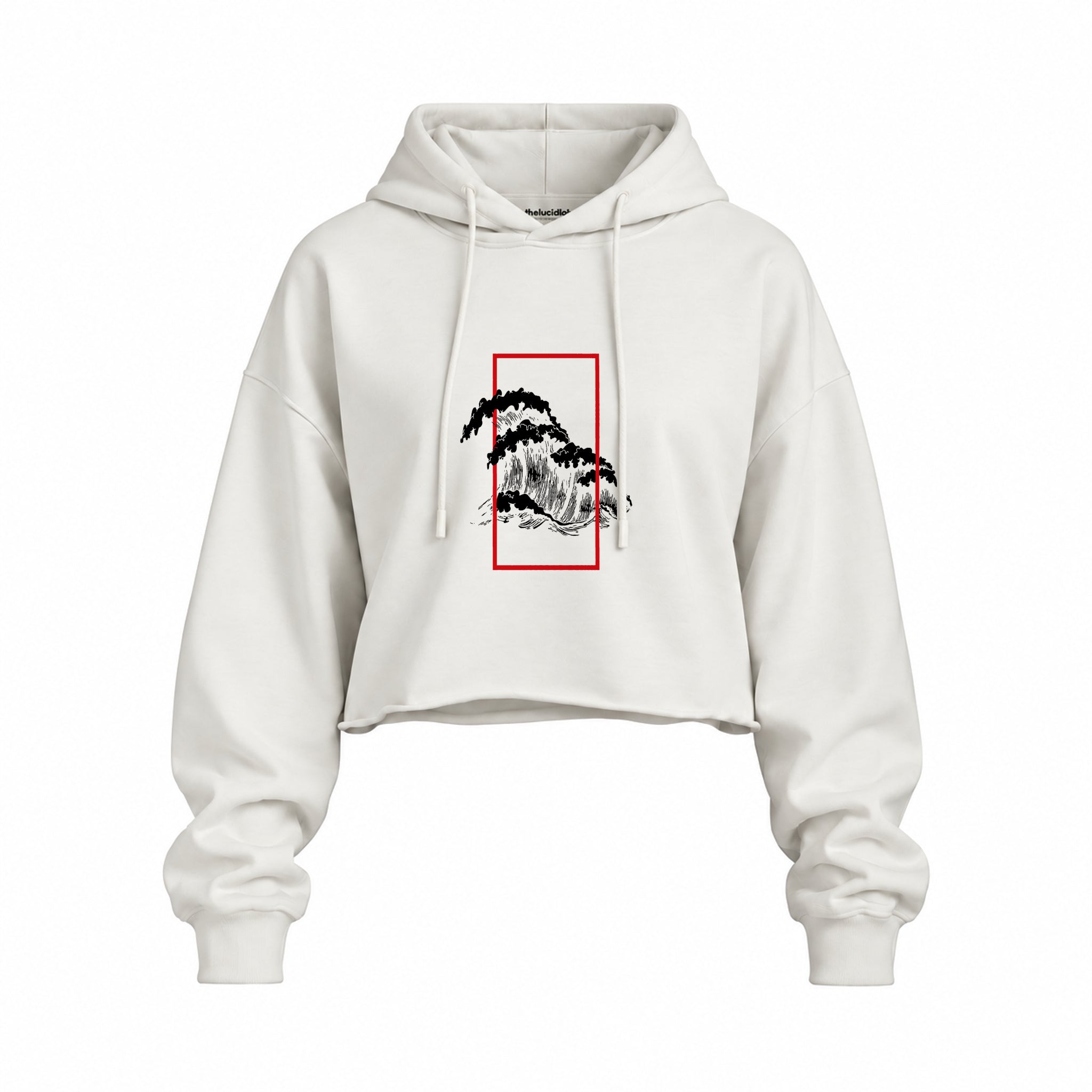 Perspektif Kanagawa Dalgası Oversize Crop Hoodie — Beyaz — Ön baskı