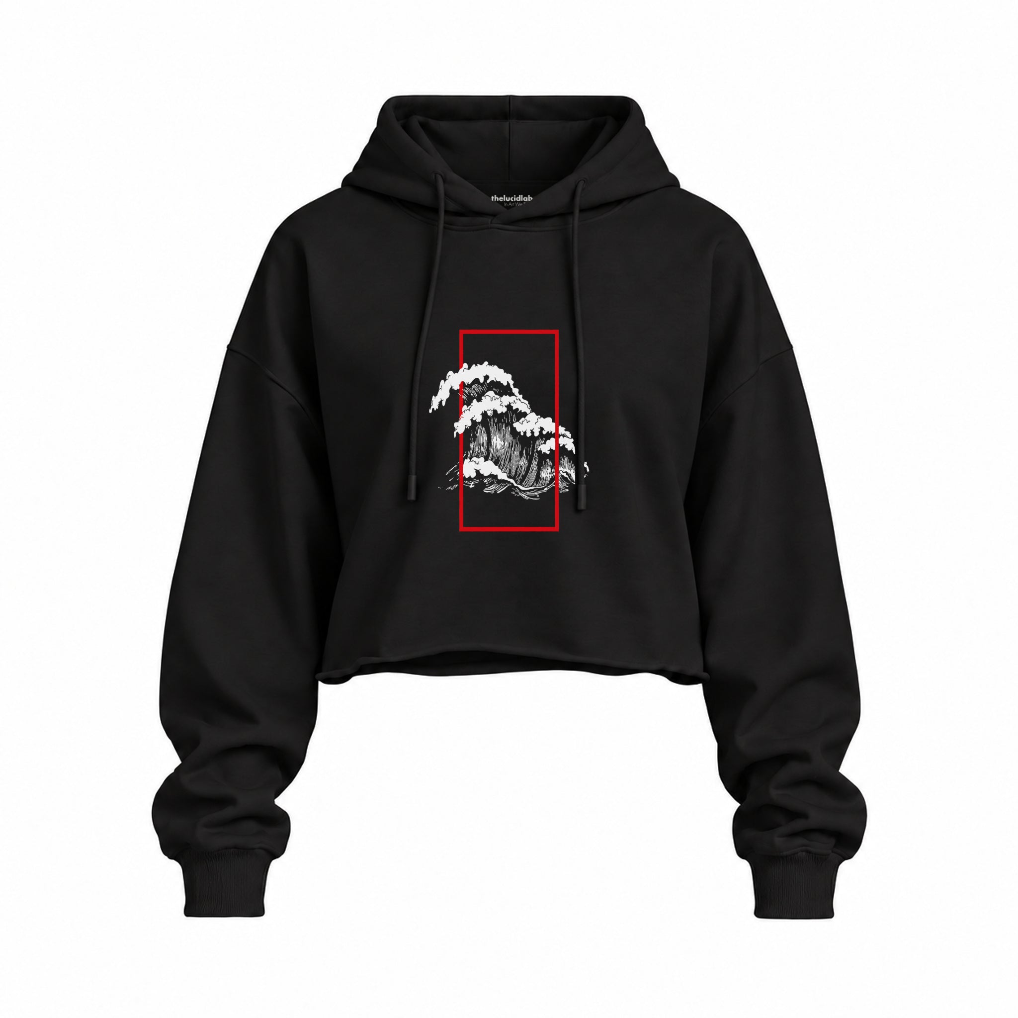 Perspektif Kanagawa Dalgası Oversize Crop Hoodie — Siyah — Ön baskı