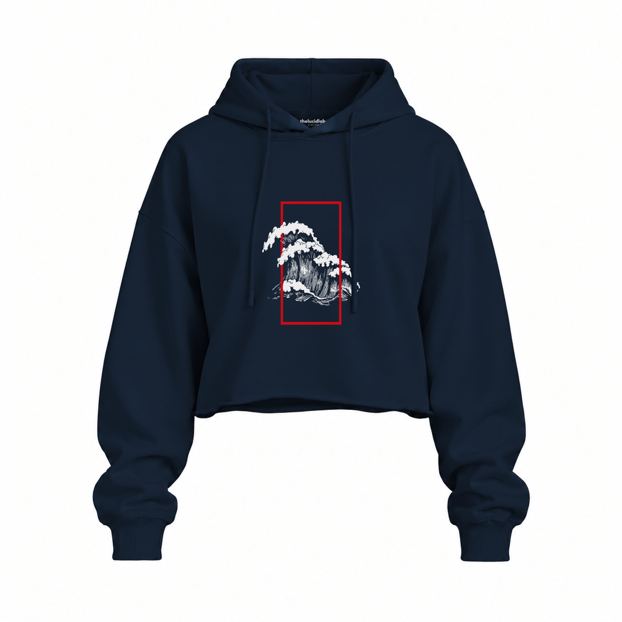 Perspektif Kanagawa Dalgası Oversize Crop Hoodie — Lacivert — Ön baskı