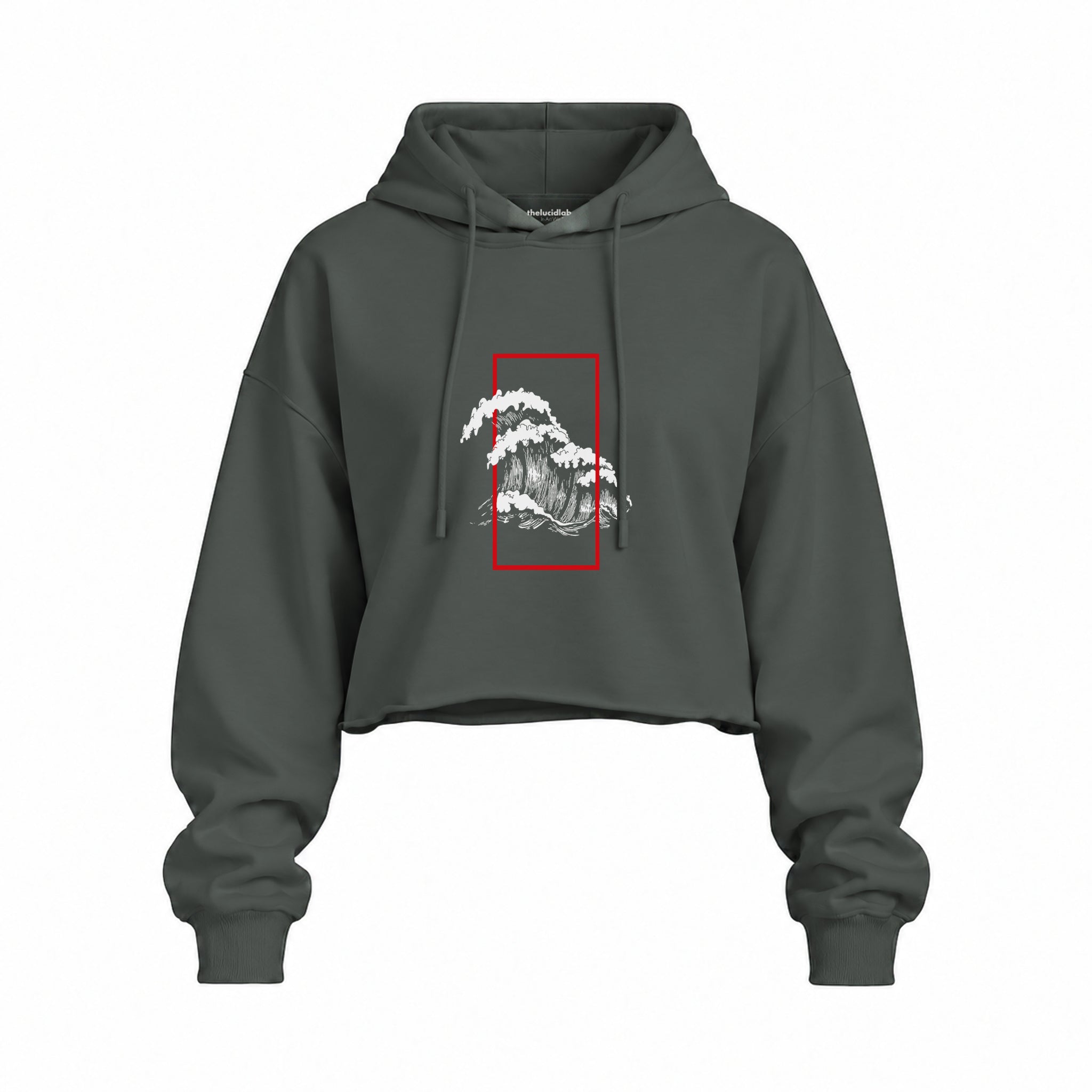 Perspektif Kanagawa Dalgası Oversize Crop Hoodie — Antrasit — Ön baskı
