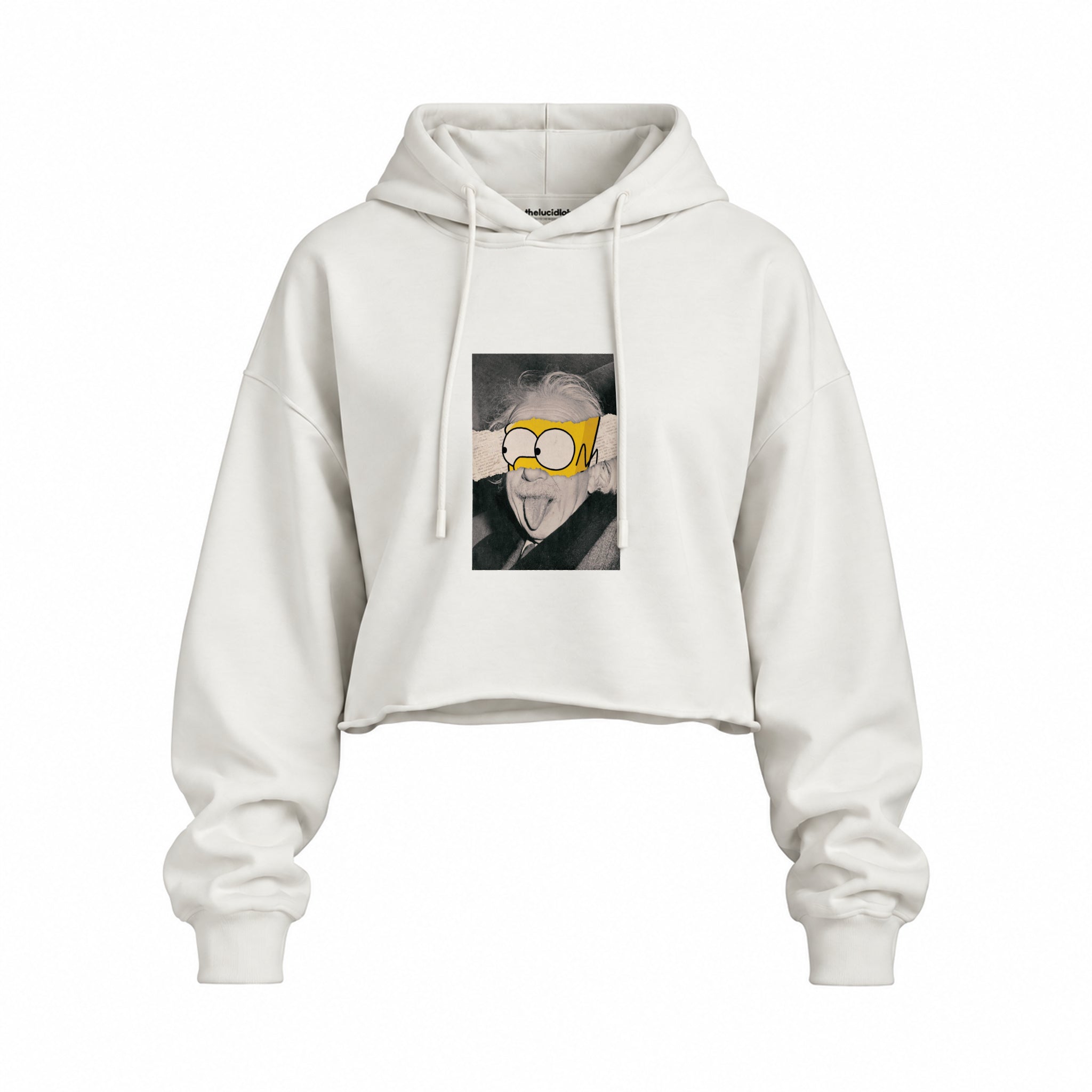 Albert Einstein / Homer Simpson Oversize Crop Hoodie — Beyaz — Ön baskı
