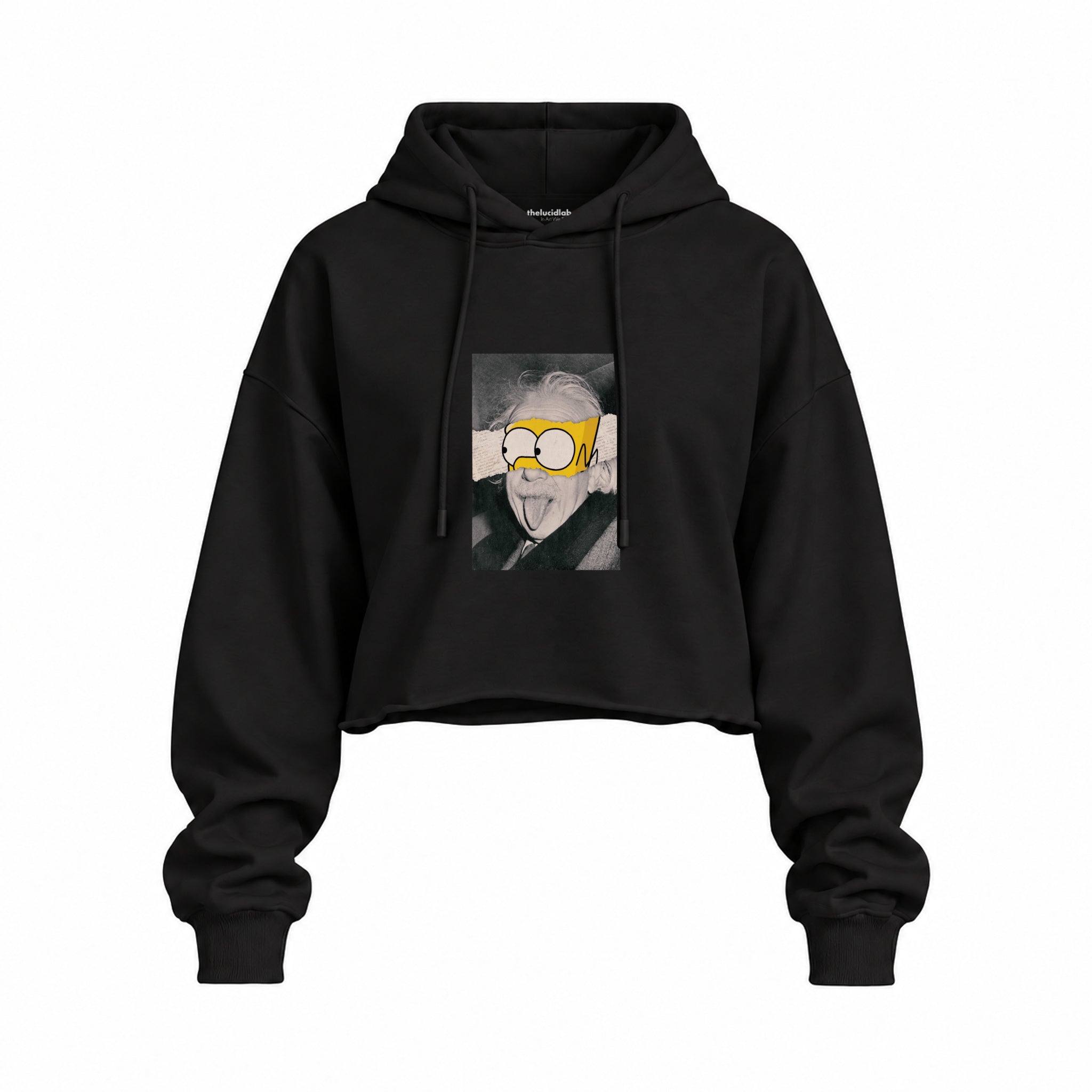 Albert Einstein / Homer Simpson Oversize Crop Hoodie — Siyah — Ön baskı