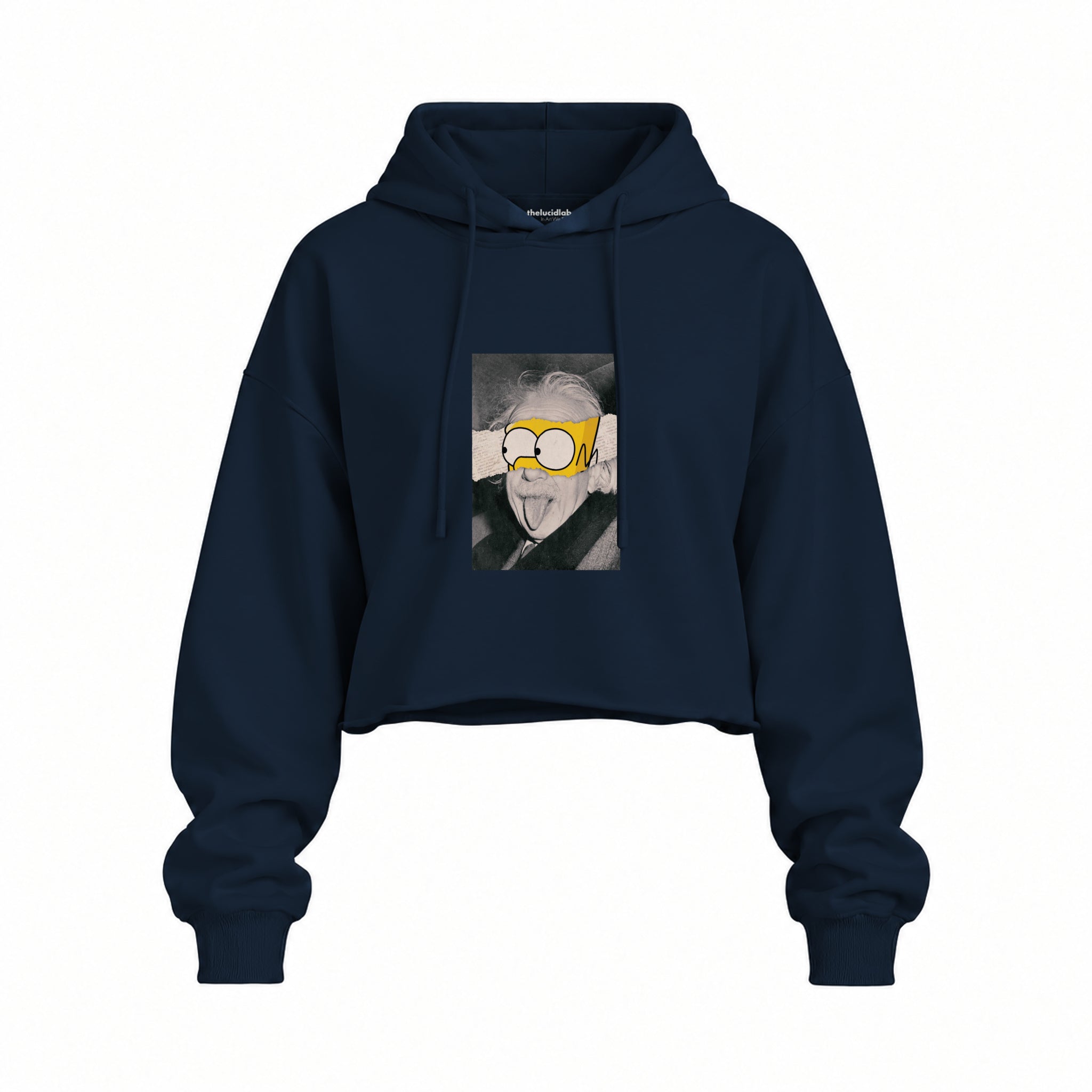 Albert Einstein / Homer Simpson Oversize Crop Hoodie — Lacivert — Ön baskı