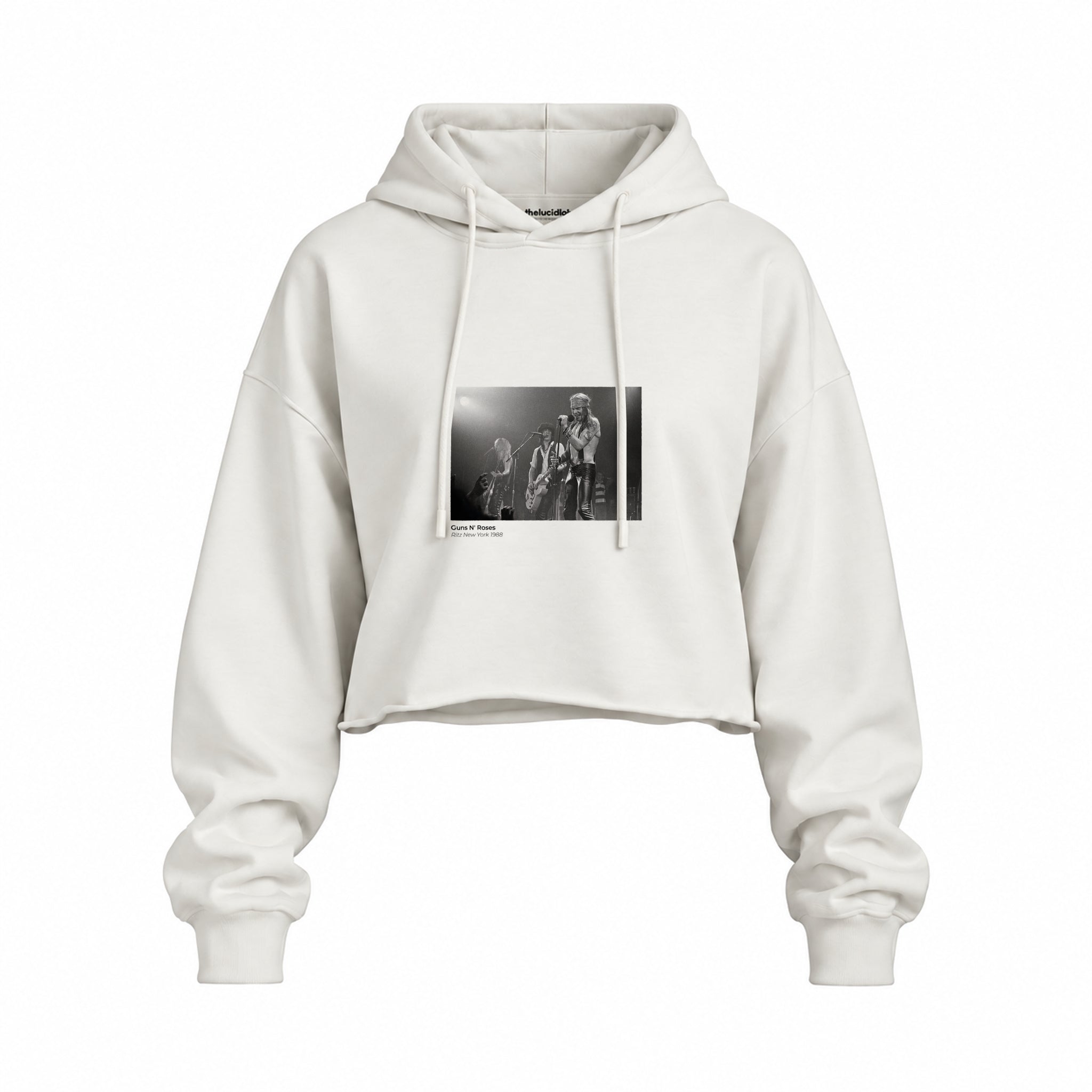 Guns N’ Roses Ritz New York 1988 Oversize Crop Hoodie — Beyaz — Ön baskı